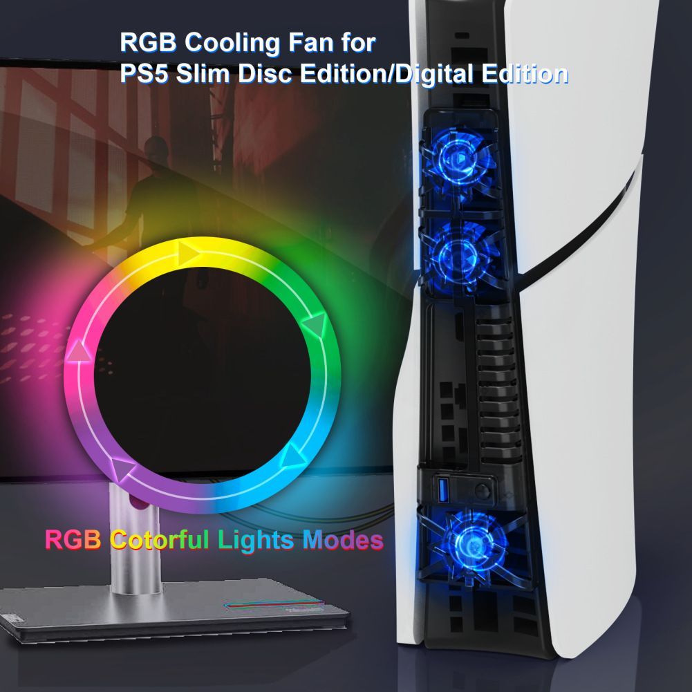 Ps5 Cooling Fan High Efficient Cooler System With RGB Light USB Port 3 Gears Compatible For PS5 Slim Disc/Digital Edition