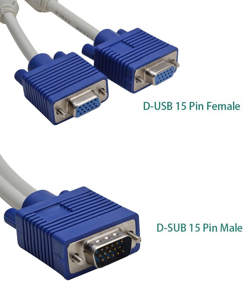 VGA Splitter Cable, 15Pin 1 Male to 2 Female Y Adapter Monitor Converter Cable for PC Video Computer TV Projector(NOTICE:CAN'T SUPPORT BIG SCREEN AND LONG DISTANCE,NO POWER SUPPLY)