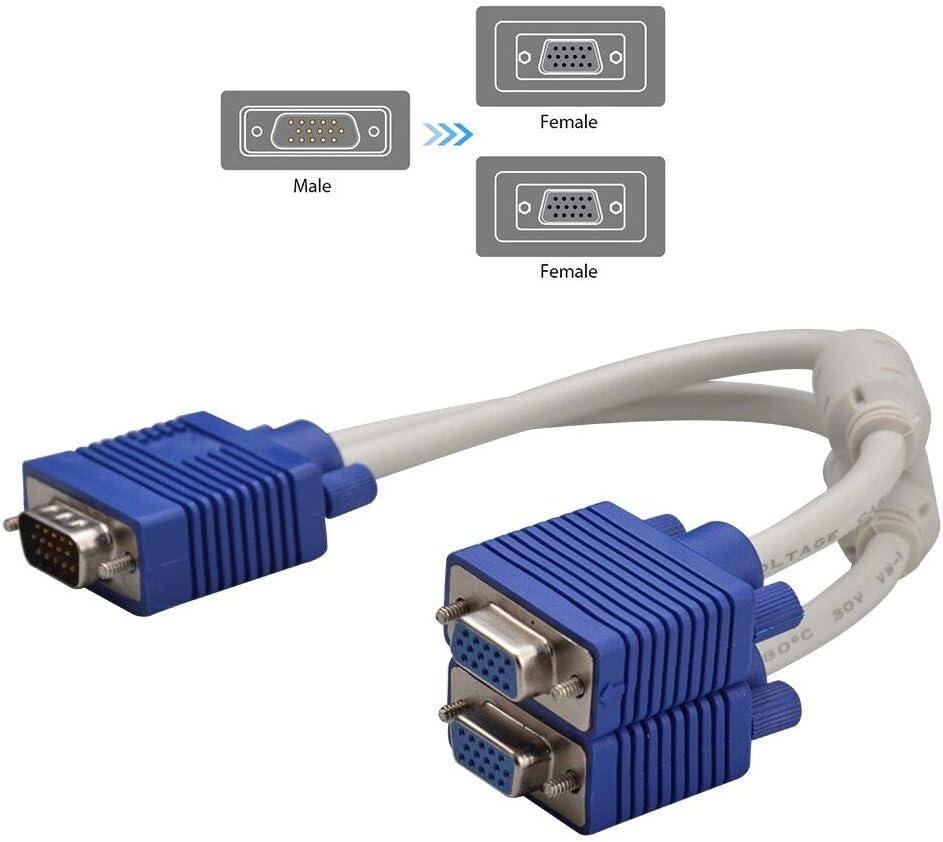 VGA Splitter Cable, 15Pin 1 Male to 2 Female Y Adapter Monitor Converter Cable for PC Video Computer TV Projector(NOTICE:CAN'T SUPPORT BIG SCREEN AND LONG DISTANCE,NO POWER SUPPLY)