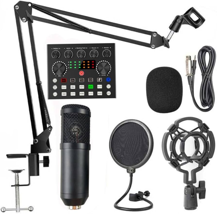 Professional Condenser Microphone PC Mic Professional BM800 With rechargble V8s SOUND CARD Cardioid Studio Mic Set with Mic Suspension Scissor Arm, Shock Mount for Studio Recording BM-800 podcast