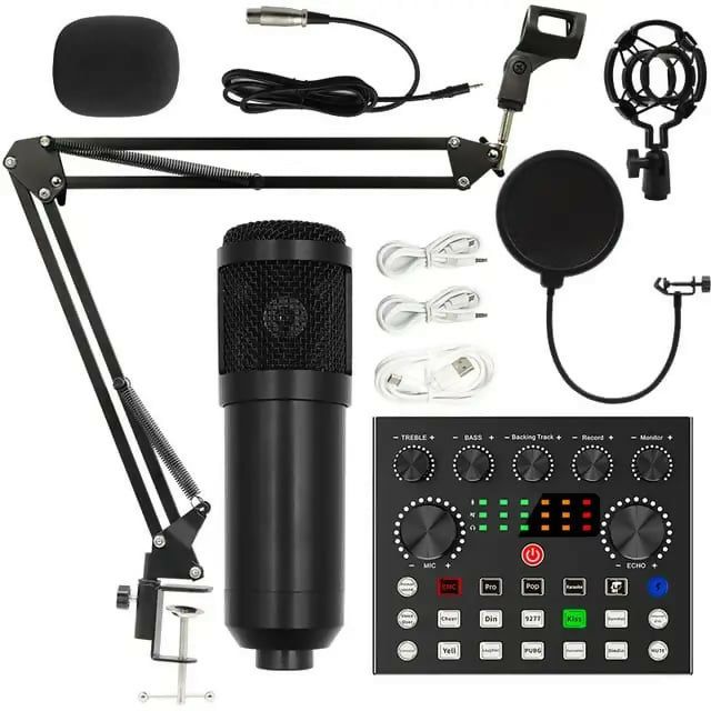 Professional Condenser Microphone PC Mic Professional BM800 With rechargble V8s SOUND CARD Cardioid Studio Mic Set with Mic Suspension Scissor Arm, Shock Mount for Studio Recording BM-800 podcast