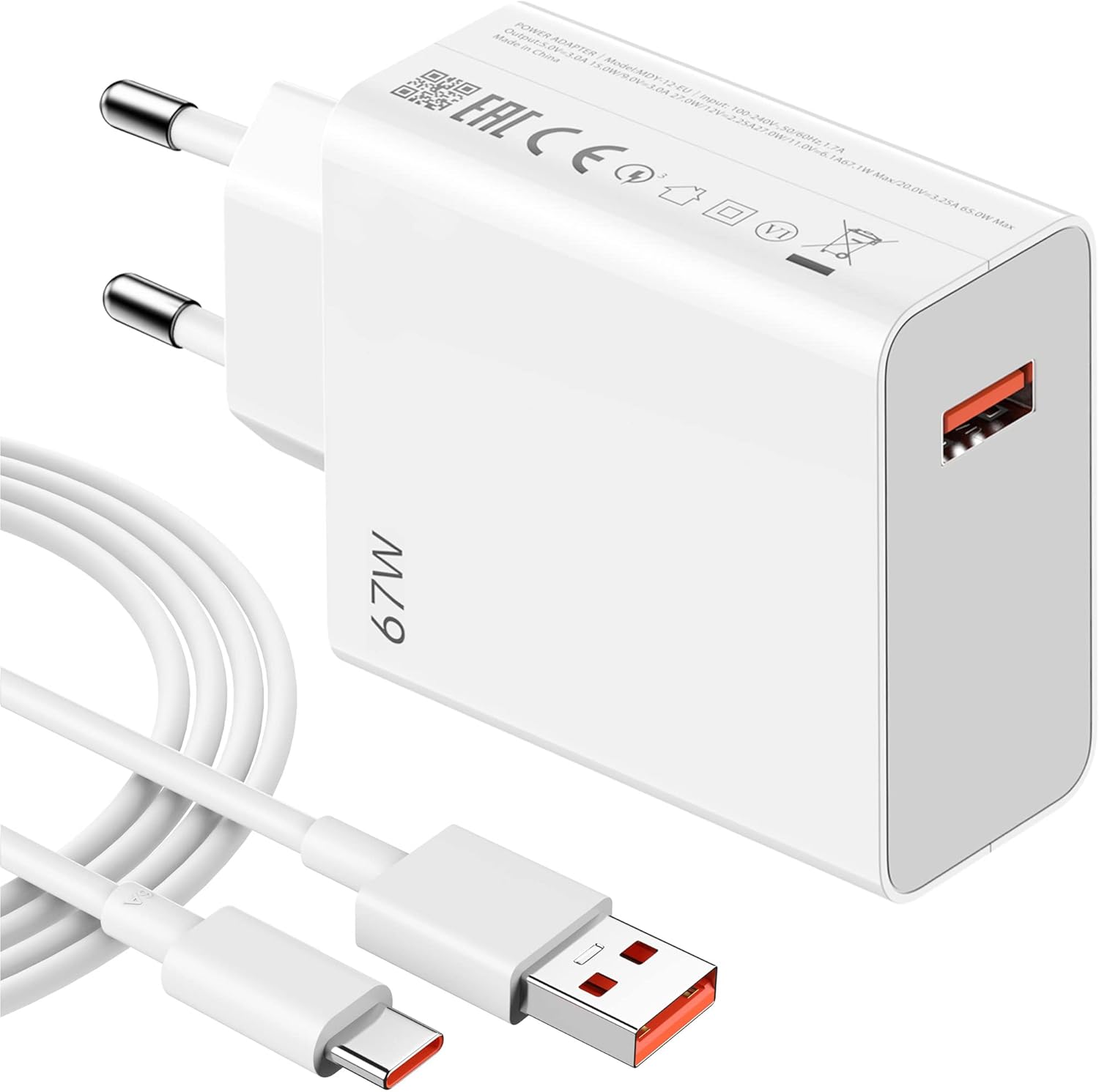 MI 67 W USB Charger for Xiaomi 13 12S Ultra 12 Lite 12 11T Mi 11 Ultra Redmi Note 11 Pro, USB Turbo Charge Power Supply Quick Charger Charger Plug with Type C Charging Cable 1 m for Mi Poco F4 X4 GT X
