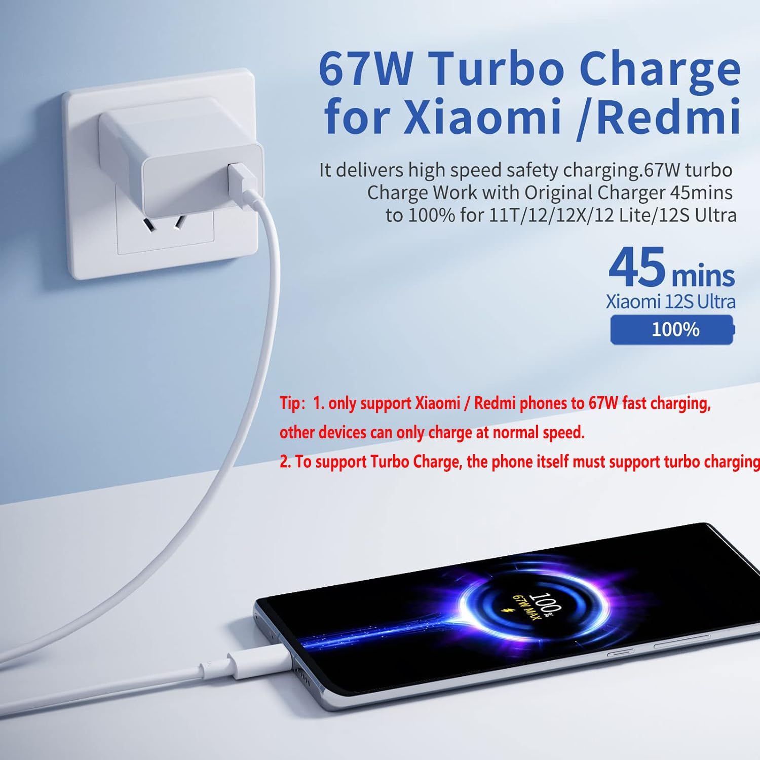 MI 67 W USB Charger for Xiaomi 13 12S Ultra 12 Lite 12 11T Mi 11 Ultra Redmi Note 11 Pro, USB Turbo Charge Power Supply Quick Charger Charger Plug with Type C Charging Cable 1 m for Mi Poco F4 X4 GT X