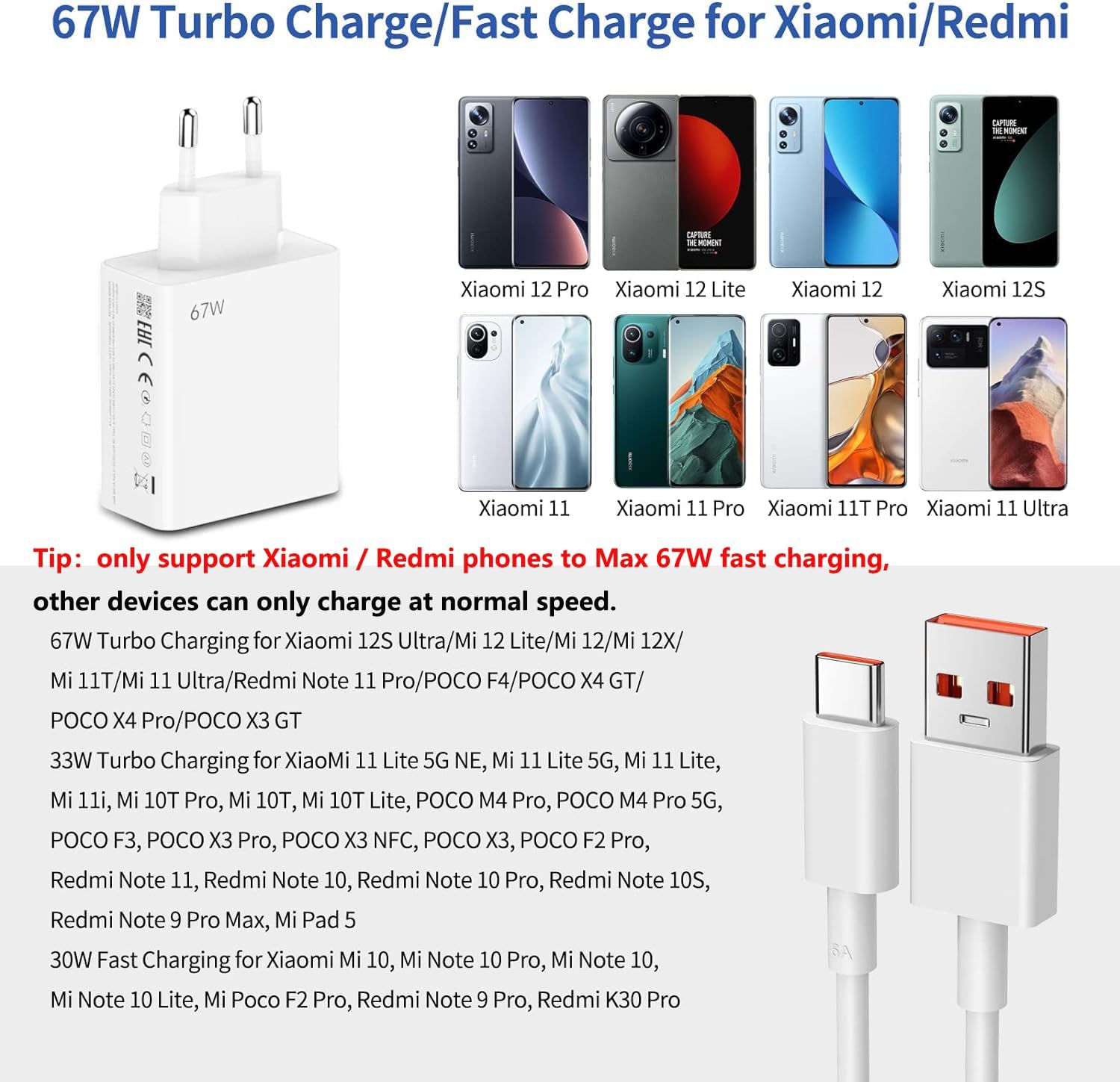 MI 67 W USB Charger for Xiaomi 13 12S Ultra 12 Lite 12 11T Mi 11 Ultra Redmi Note 11 Pro, USB Turbo Charge Power Supply Quick Charger Charger Plug with Type C Charging Cable 1 m for Mi Poco F4 X4 GT X