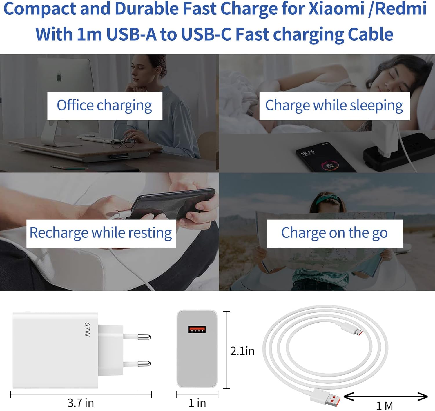 MI 67 W USB Charger for Xiaomi 13 12S Ultra 12 Lite 12 11T Mi 11 Ultra Redmi Note 11 Pro, USB Turbo Charge Power Supply Quick Charger Charger Plug with Type C Charging Cable 1 m for Mi Poco F4 X4 GT X