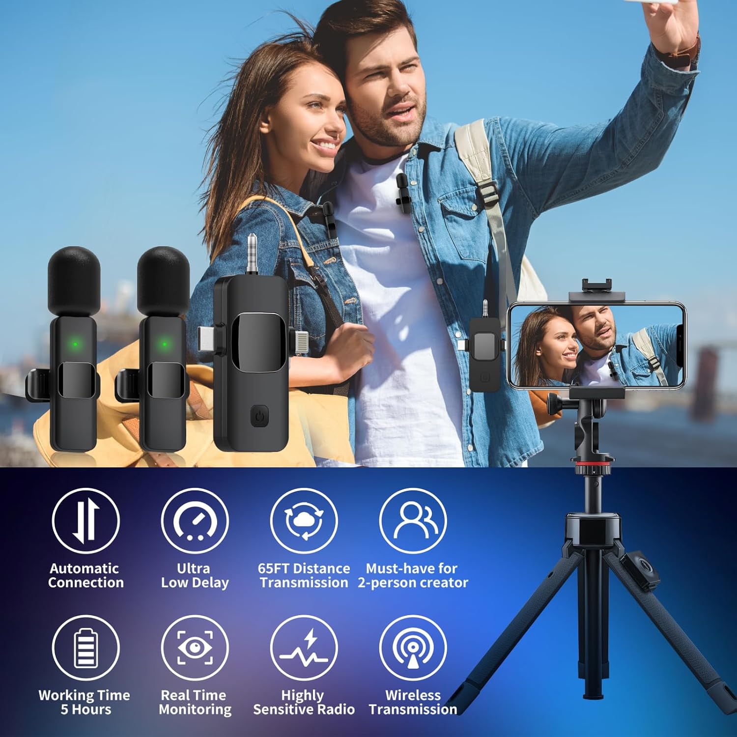 3 in 1 Wireless Mini Microphone-10 Hours of Life, Wireless Microphone for iPhone,Camera, Android, iPad,Lavalier Microphone Intelligent Noise Reduction for Video Recording/Vlog/Live Streaming