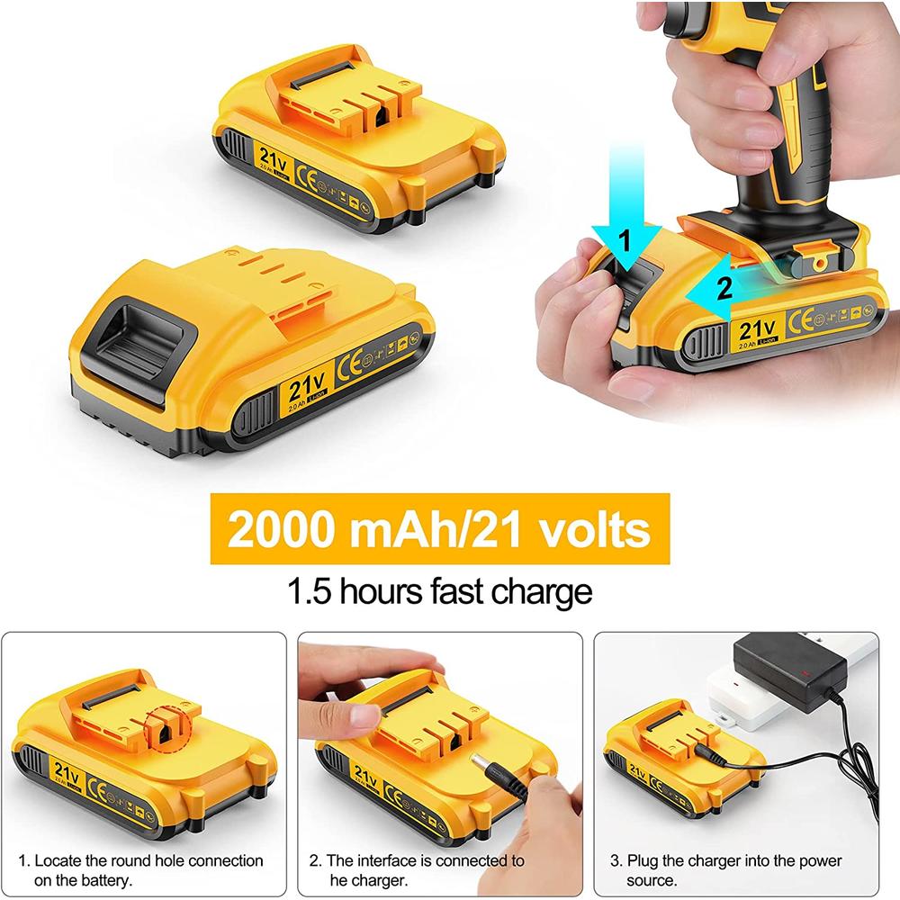 DeWalt 21v Codless Brushless Hand Held Drill with 2 Rechargeable Batteries, blow case, 2 speed, screwdriver kit