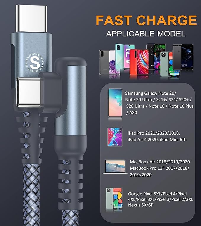 USB-C to USB-C Cable 60w, Right Angle iPhone 16 Fast Charger Cord for iPhone 15 16 Pro Max Plus, MacBook Air/Pro,iPad Air/Pro Samsung Galaxy S25 S24 S23 S22 S21 S20, Note 20 10 Pixel