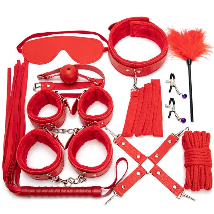 Sex Bondage Kit for Women: 10 PCS Restraint Leather Set Sex Toy with Sex Blindfold Handcuffs and Ankle Cuffs BDSM Whip Sex Rope, Bondage Restraint Kits for Couples SM Games, Restraint Set for Sex RED