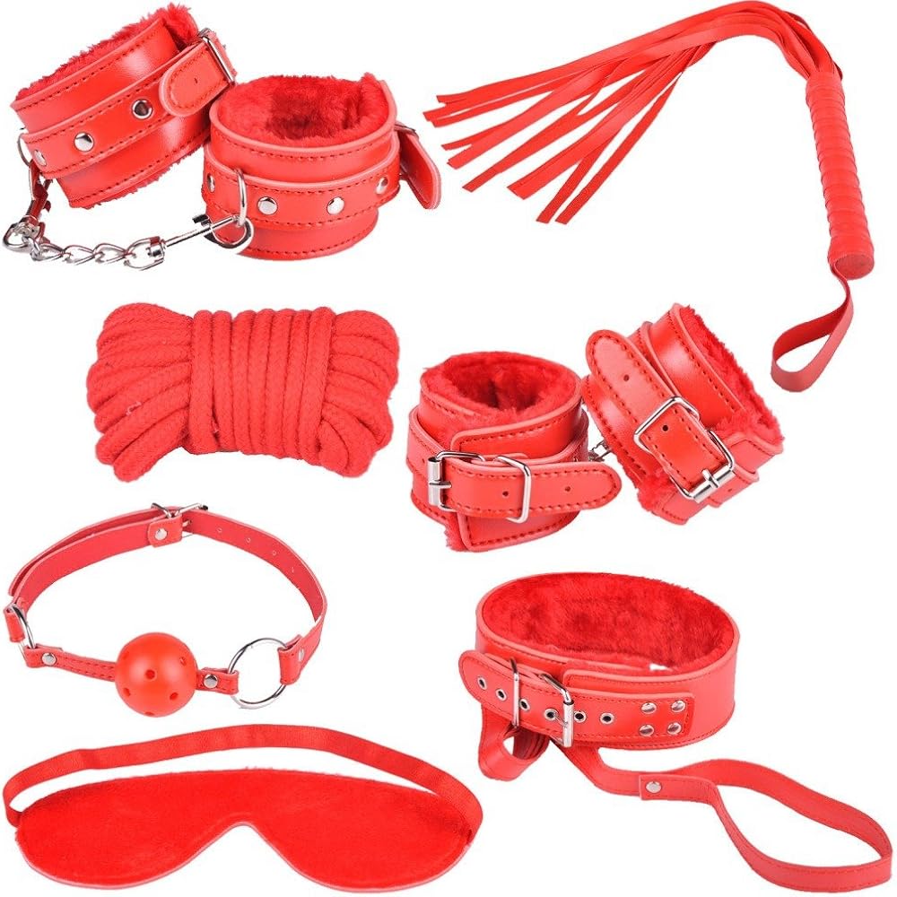 Sex Bondage Kit for Women: 10 PCS Restraint Leather Set Sex Toy with Sex Blindfold Handcuffs and Ankle Cuffs BDSM Whip Sex Rope, Bondage Restraint Kits for Couples SM Games, Restraint Set for Sex RED