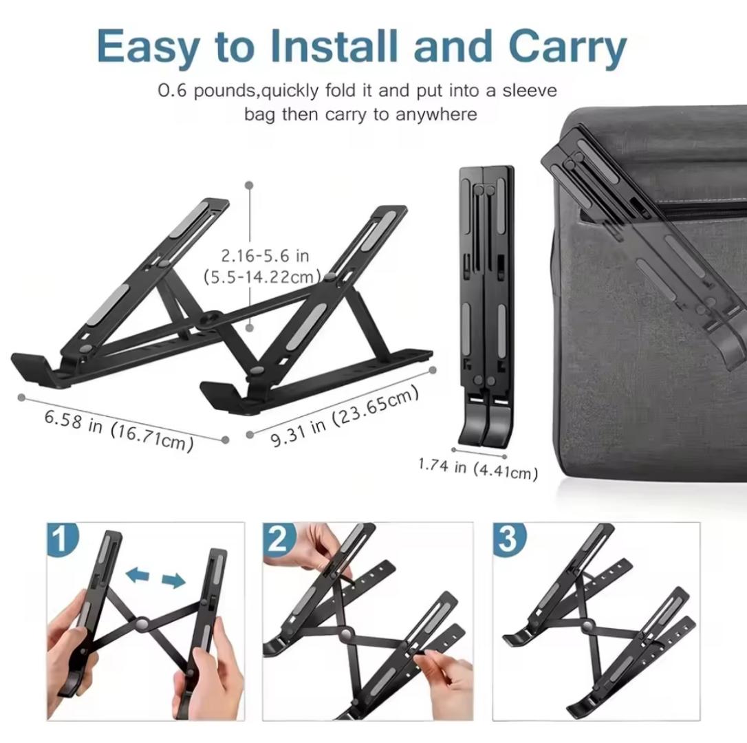 Metallic Laptop Portable Desktop Laptop PHONE TABLET Holder Riser For Desk And Bed, 6-Levels Angles Adjustable Height Notebook Mount, Stable PC Riser For Laptops & Tablet - Black