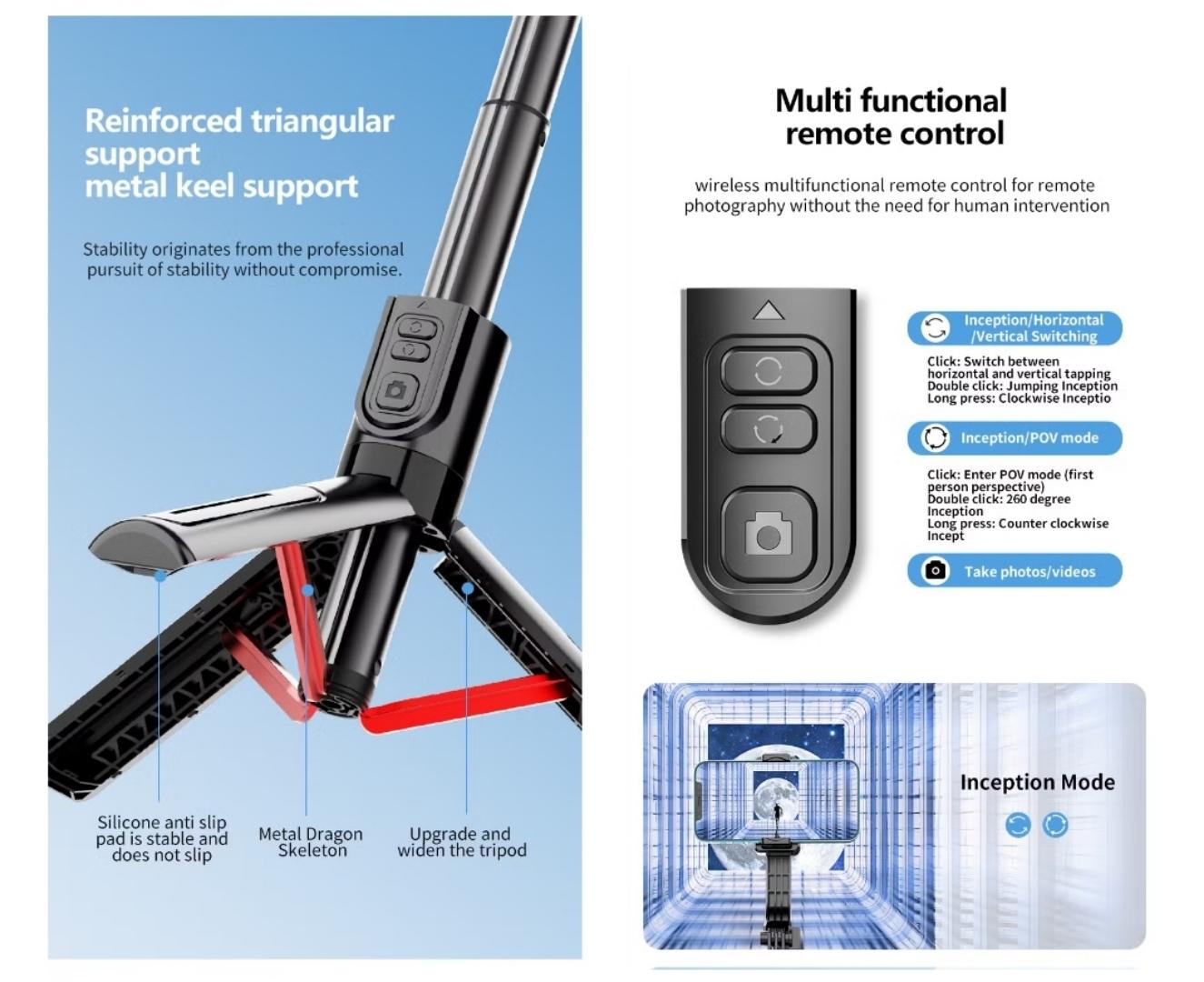C08 Handheld Cell Phone Stabilizer Gimbal 1 Axis Phone Stable Tripod with Wireless Remote 360 Rotation Selfie Stick
