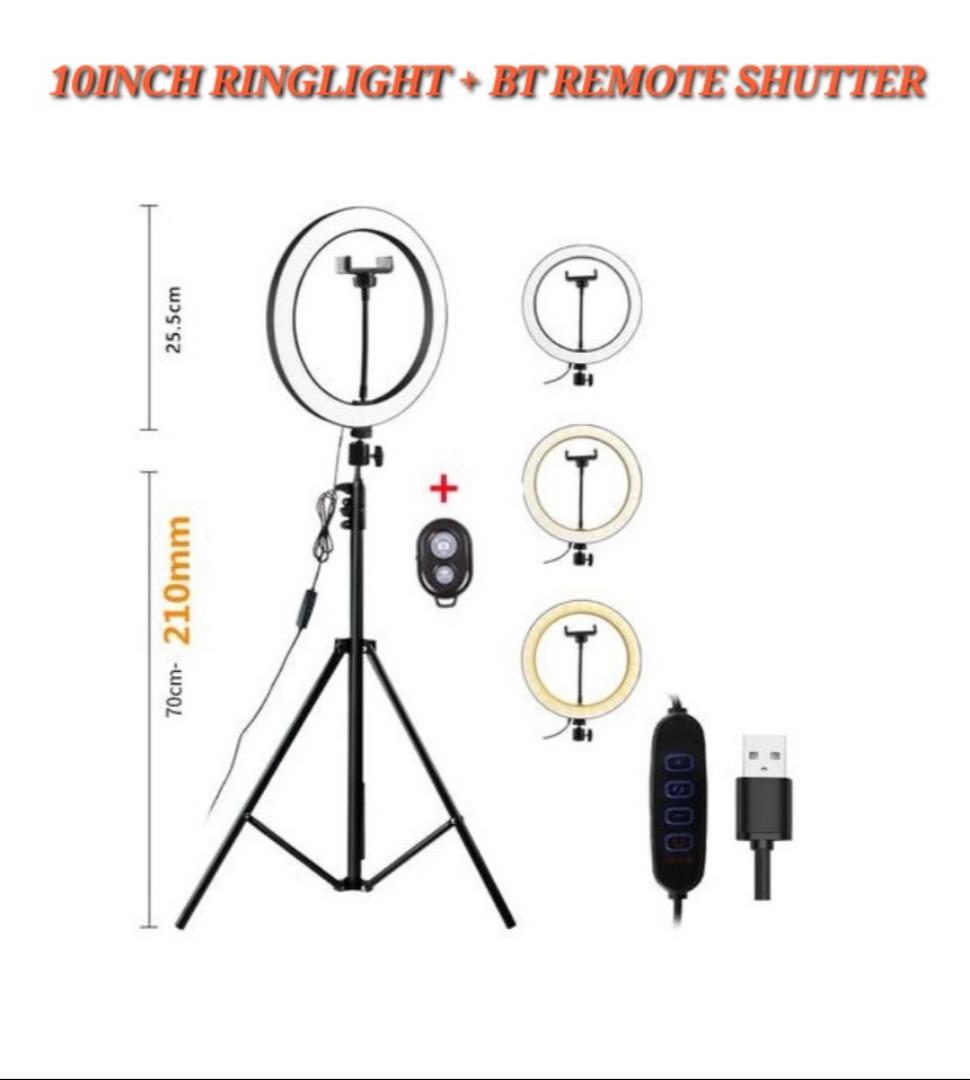 10INCH Selfie Ring Light With 2.1M Tripod Stand + Bluetooth shutter+ Cell Phone Holder For Live Stream/Makeup 10" RINGLIGHT.