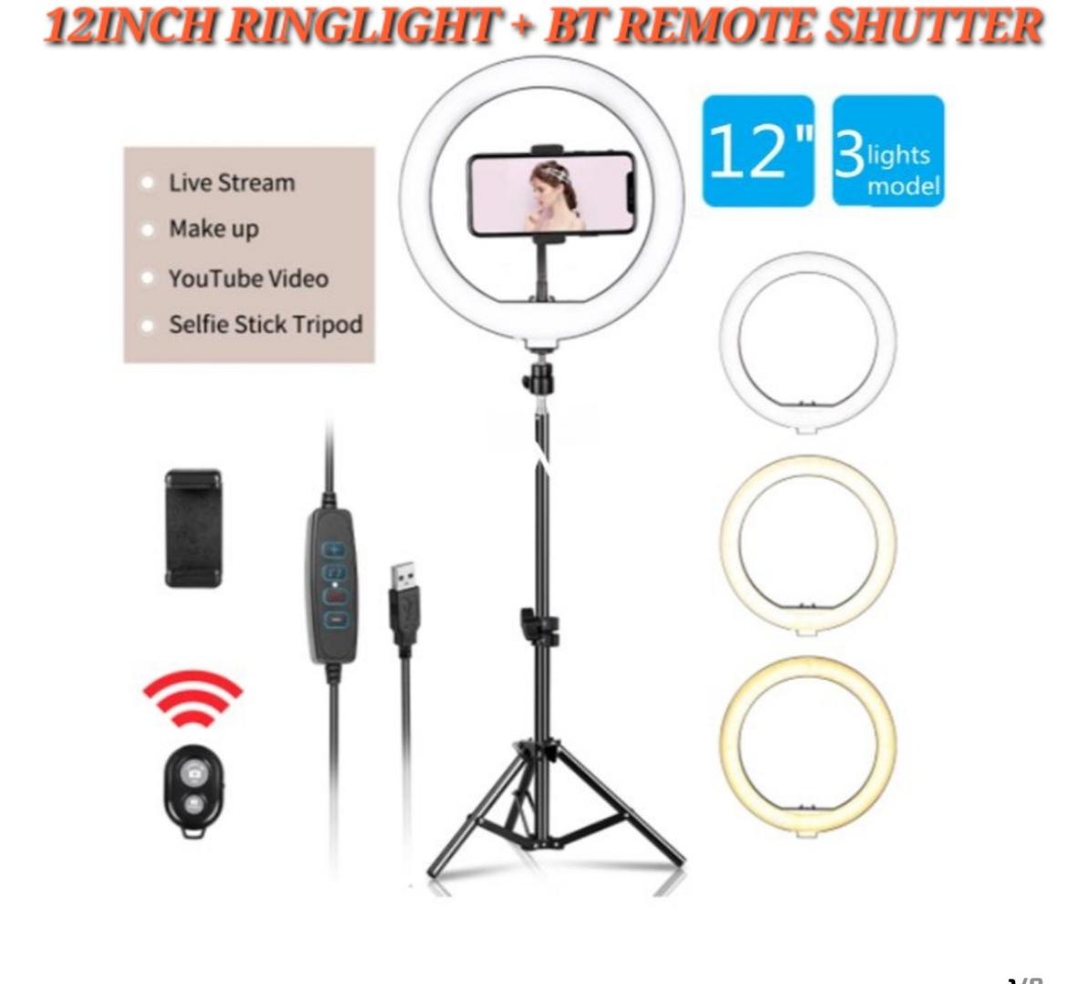 12INCH Selfie Ring Light With 2.1M Tripod Stand + Bluetooth shutter+ Cell Phone Holder For Live Stream/Makeup 12" RINGLIGHT.