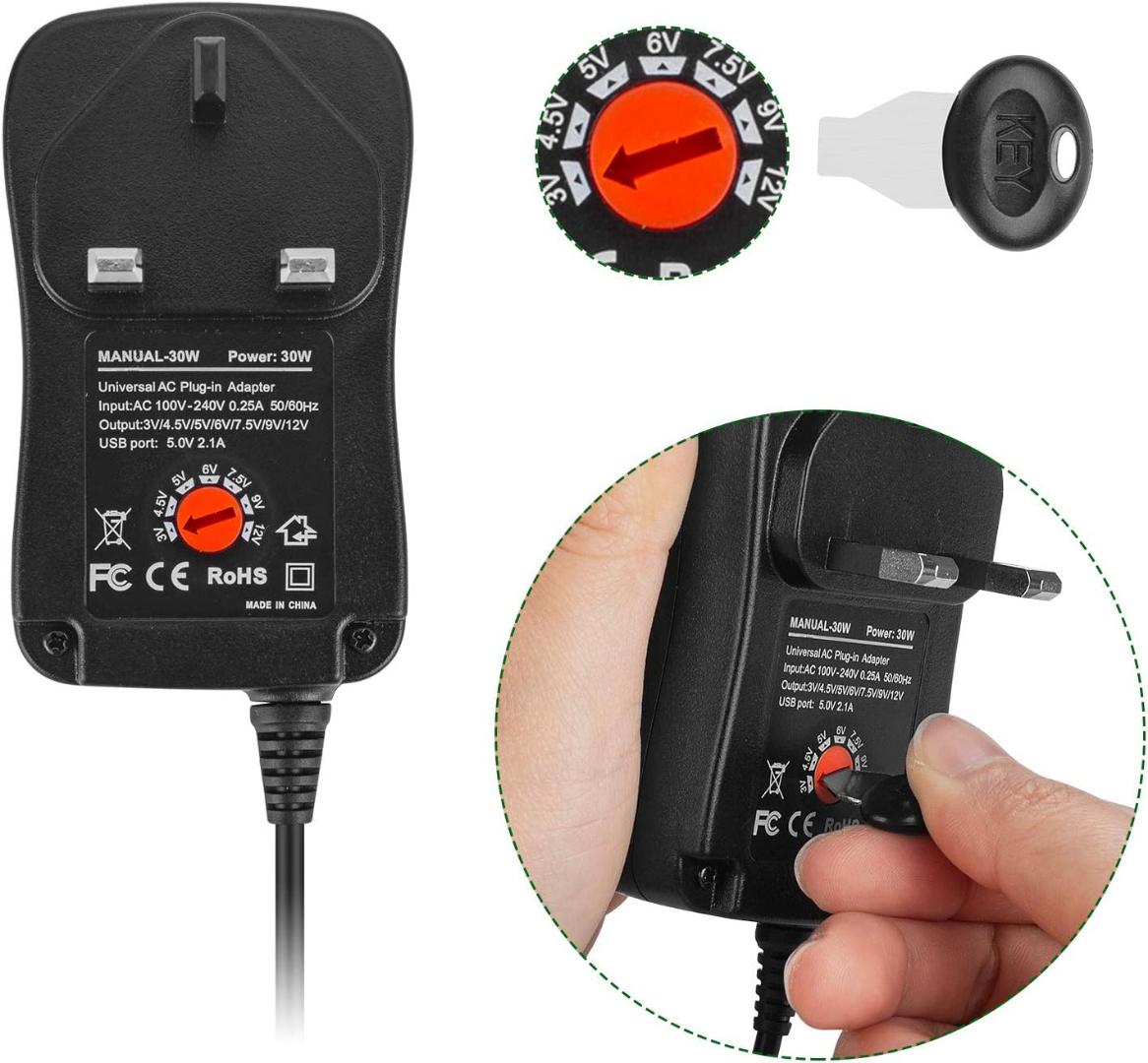 30W Universal AC to DC Power Adapter - Multi Output Voltages 3V 4.5V 5V 6V 7.5V 9V 12V Switching Power Supply with 8 Selectable Adapter Plugs for Routers Speakers Household Electronic (MAX 2A/2000mA)