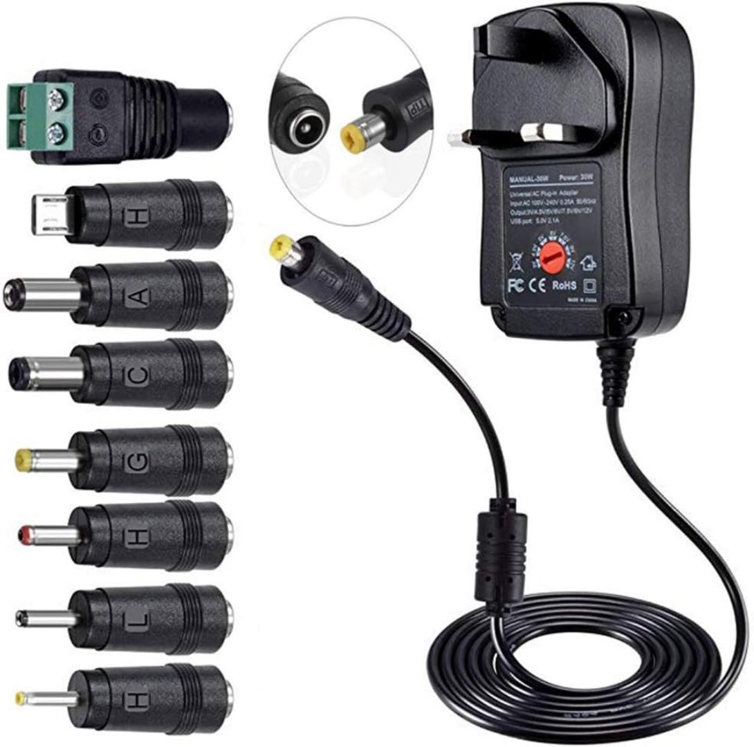 30W Universal AC to DC Power Adapter - Multi Output Voltages 3V 4.5V 5V 6V 7.5V 9V 12V Switching Power Supply with 8 Selectable Adapter Plugs for Routers Speakers Household Electronic (MAX 2A/2000mA)