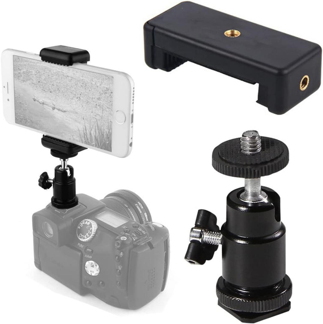Universal Camera Flash Hot Shoe Mount Adapter Phone Tripod Holder Clip Cold Shoe Adjustable Clamp for DSLR Camera Bracket Camcorder Ring Light, for Canon Nikon Sony, for iPhone Photography Vlogging