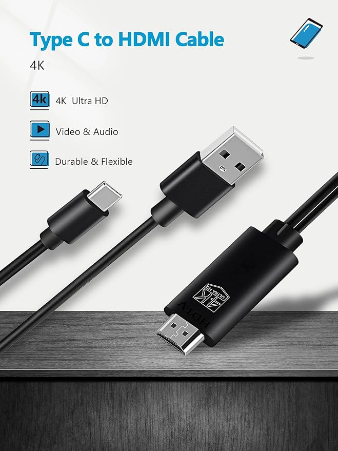 USB Type C to HDMI Cable 1.8M,Adapter for TV/Projector/Monitor MHL4K@30Hz Video Audio Output Digital Converter HDTV Mirroring Charging Cable Compatible with Android, Samsung,MacBook,iPad,Thunderbolt 3