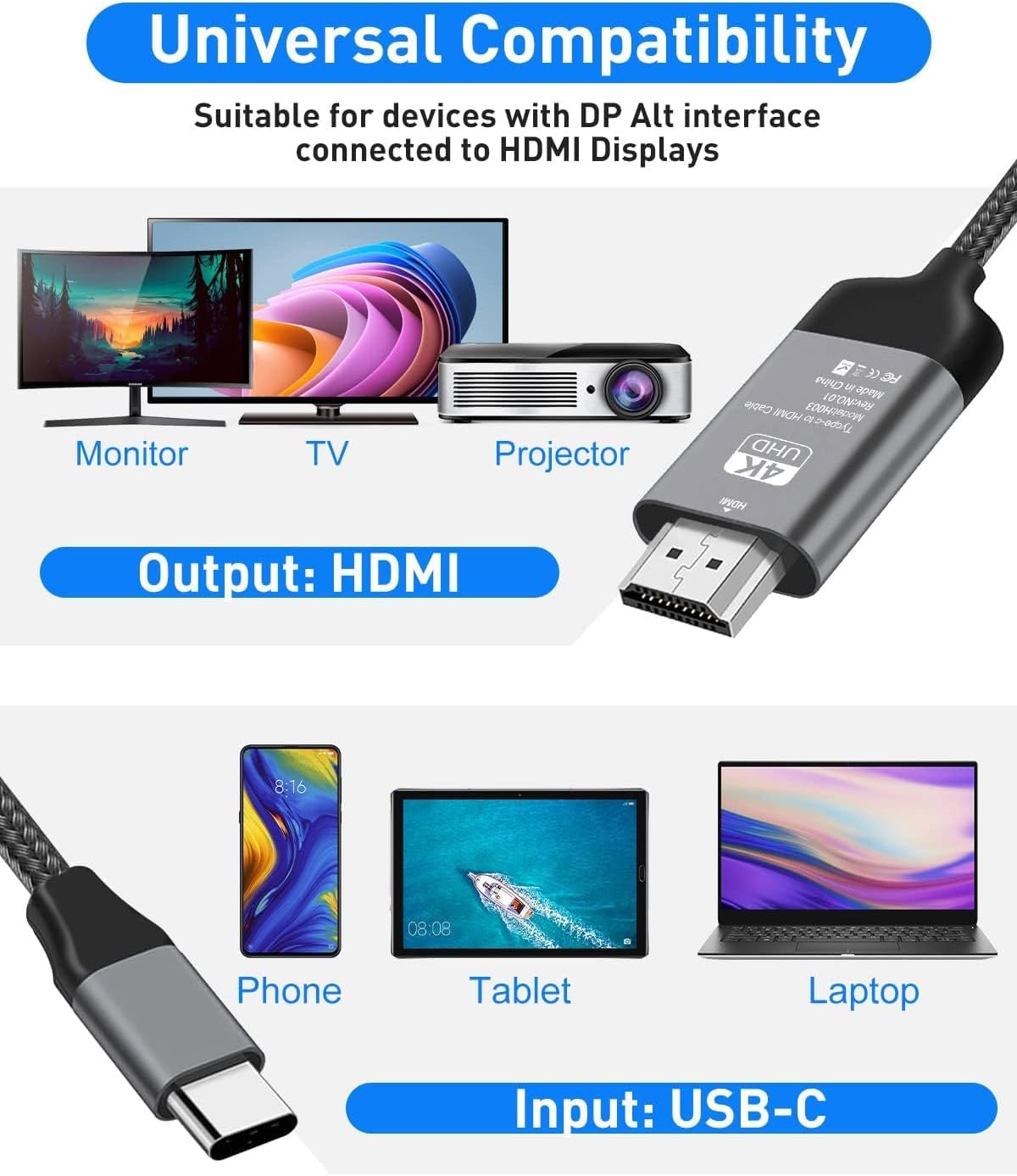 USB Type C to HDMI Cable 1.8M,Adapter for TV/Projector/Monitor MHL4K@30Hz Video Audio Output Digital Converter HDTV Mirroring Charging Cable Compatible with Android, Samsung,MacBook,iPad,Thunderbolt 3