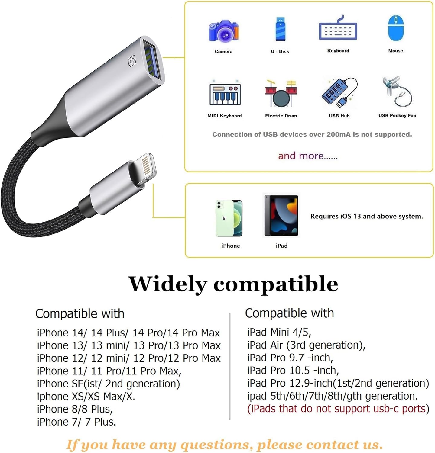 Lightning to USB Adapter [Apple MFi Certified], USB Camera Adapter for iPhone, iOS OTG Cable Adapter, Supports Flash Drive, Card Reader, Mouse, Keyboard