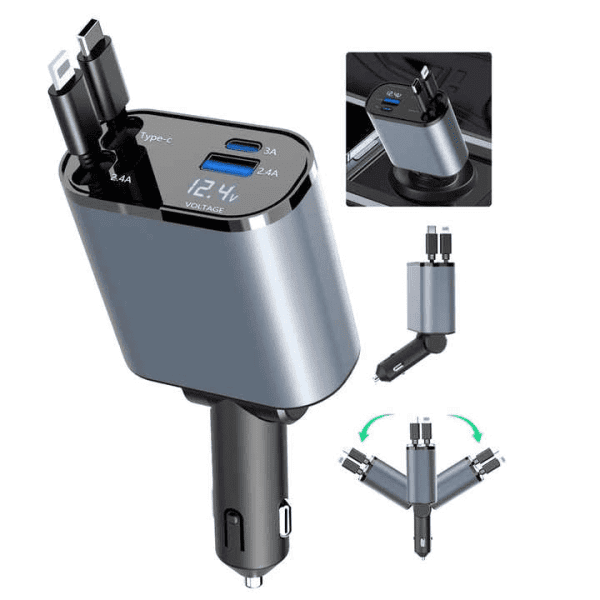 Retractable Car Charger, 4 in 1 Fast Car Phone Charger 60W, Retractable Cables and USB Car Charger,Compatible with iPhone 15/14/13/12/11,Galaxy (1Lightning 1TypeC)