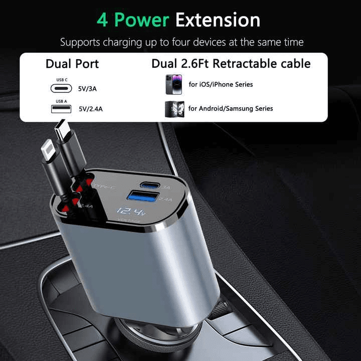 Retractable Car Charger, 4 in 1 Fast Car Phone Charger 60W, Retractable Cables and USB Car Charger,Compatible with iPhone 15/14/13/12/11,Galaxy (1Lightning 1TypeC)