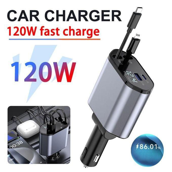 Retractable Car Charger, 4 in 1 Fast Car Phone Charger 60W, Retractable Cables and USB Car Charger,Compatible with iPhone 15/14/13/12/11,Galaxy (1Lightning 1TypeC)