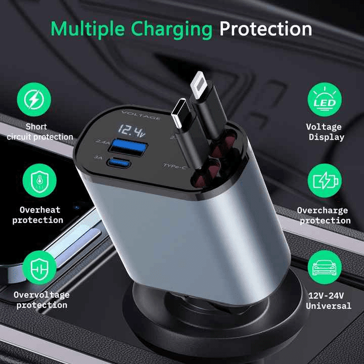 Retractable Car Charger, 4 in 1 Fast Car Phone Charger 60W, Retractable Cables and USB Car Charger,Compatible with iPhone 15/14/13/12/11,Galaxy (1Lightning 1TypeC)