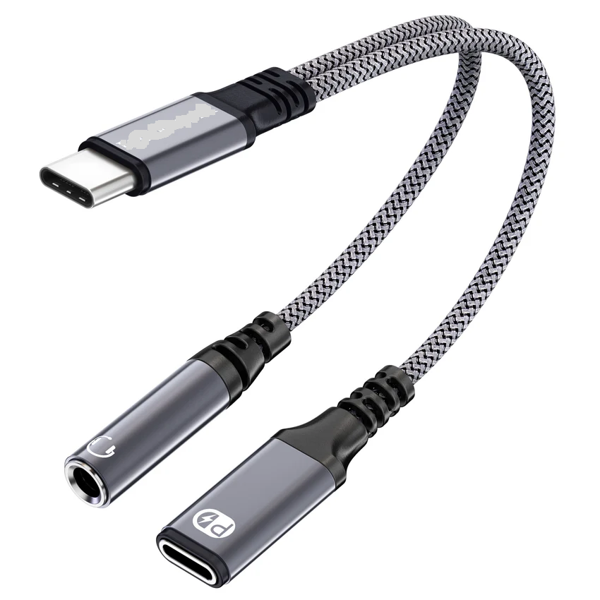 USB C to 3.5mm Headphone and Charger Adapter (2 in 1 USB-C PD Fast Charging Port to AUX Audio Jack Dongle, Type C 2.0, USBC to Mic Jack PD Cable
