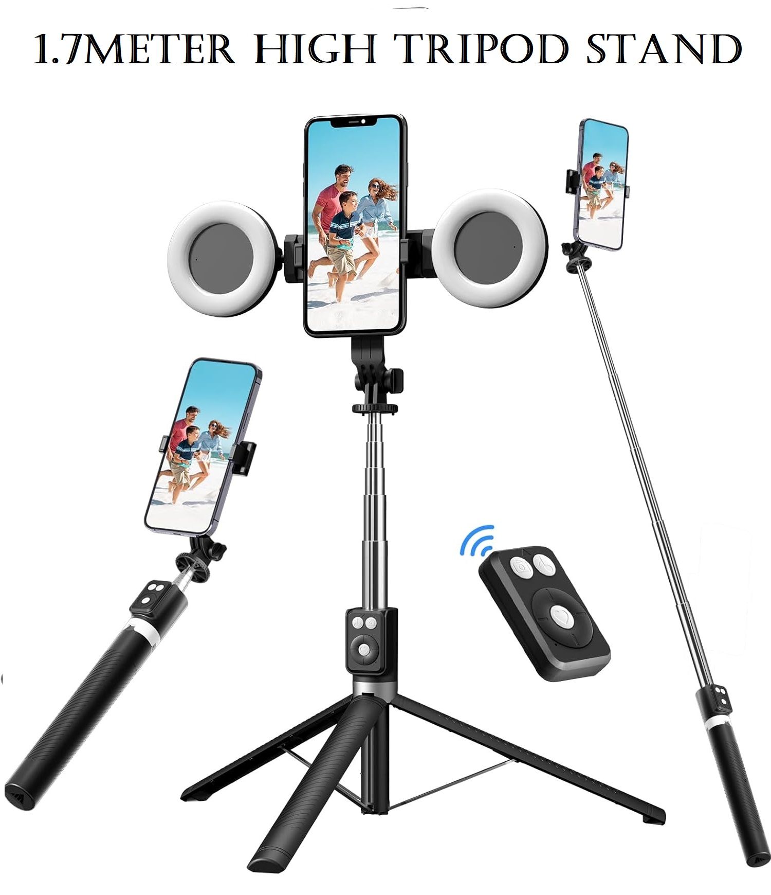 1.7M Selfie Stick Tripod with Fill Light, Phone Selfie Stick,Durable Stainless Steel Design, Bluetooth Remote Control and Stable Three-Legged Support for Live Broadcasts,Video Shooting (Black)
