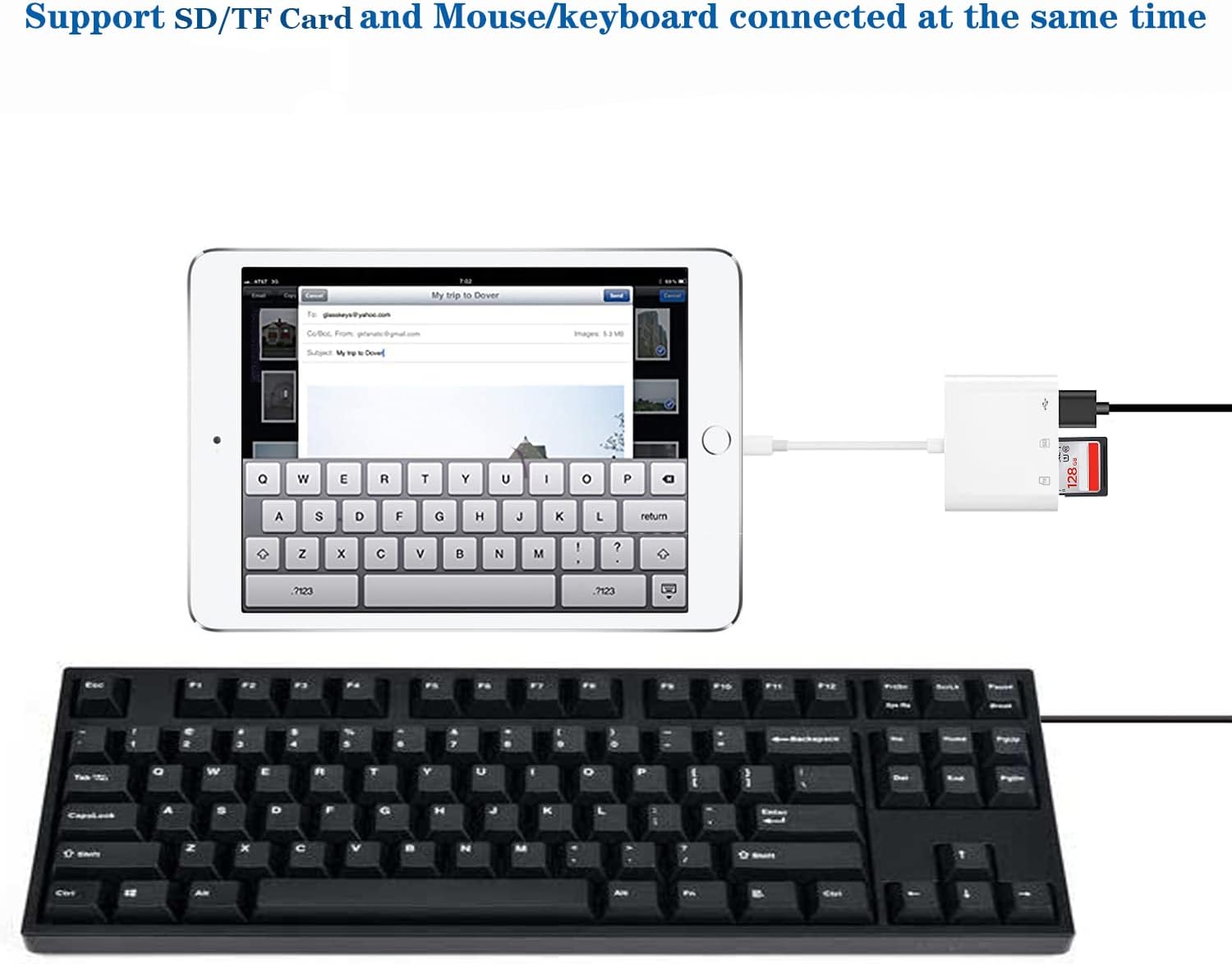 Apple Lightning to SD & TF Card USB Camera Adapter for iPhone/iPad, 3 in 1 Card Reader USB Dongle for USB Flash Drive, Keyboard, Mouse, Hubs, MIDI, Micro SD TF Memory Card, Plug & Play