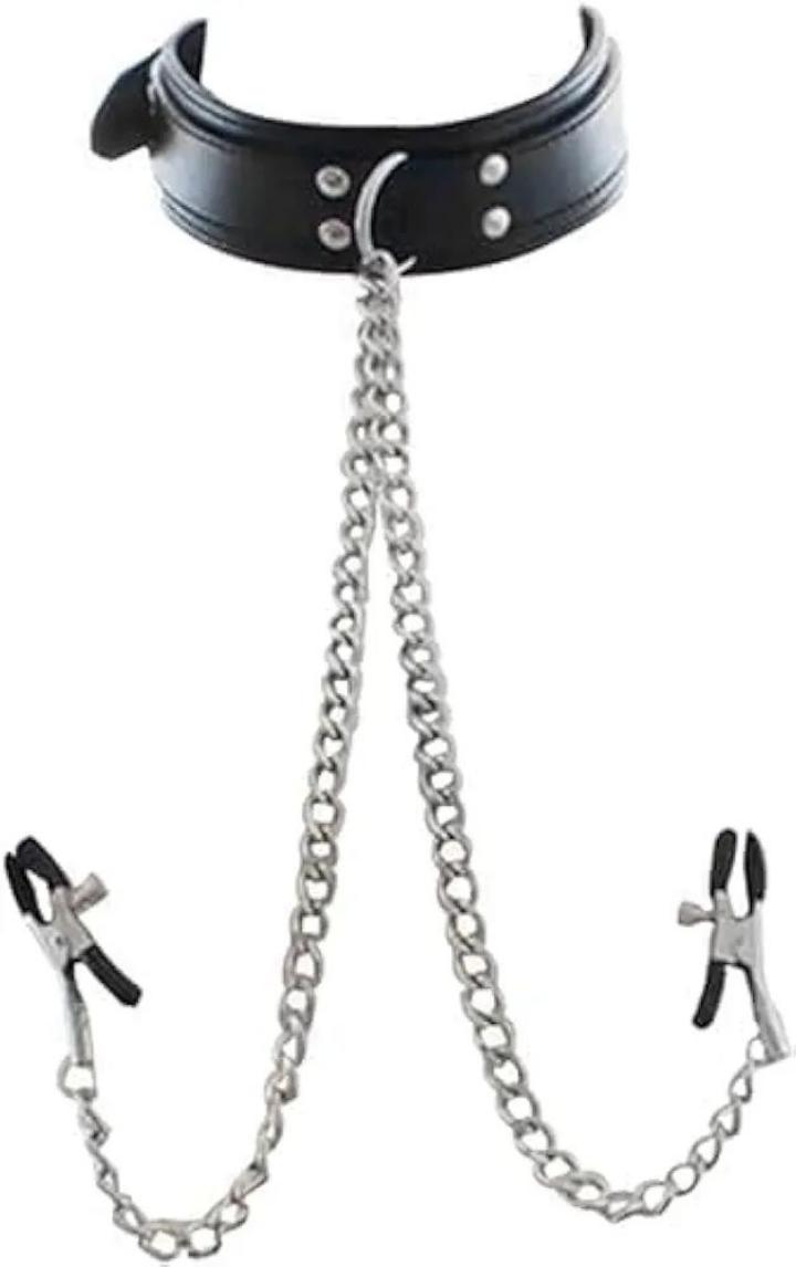 PU Leather Collar with Nipple Clamps SM Bondage Play Under The Bedroom Restraints Bondage Tool Non-Piercing Nipple Rings Sexy Body Chain Fake Nipple Jewelry