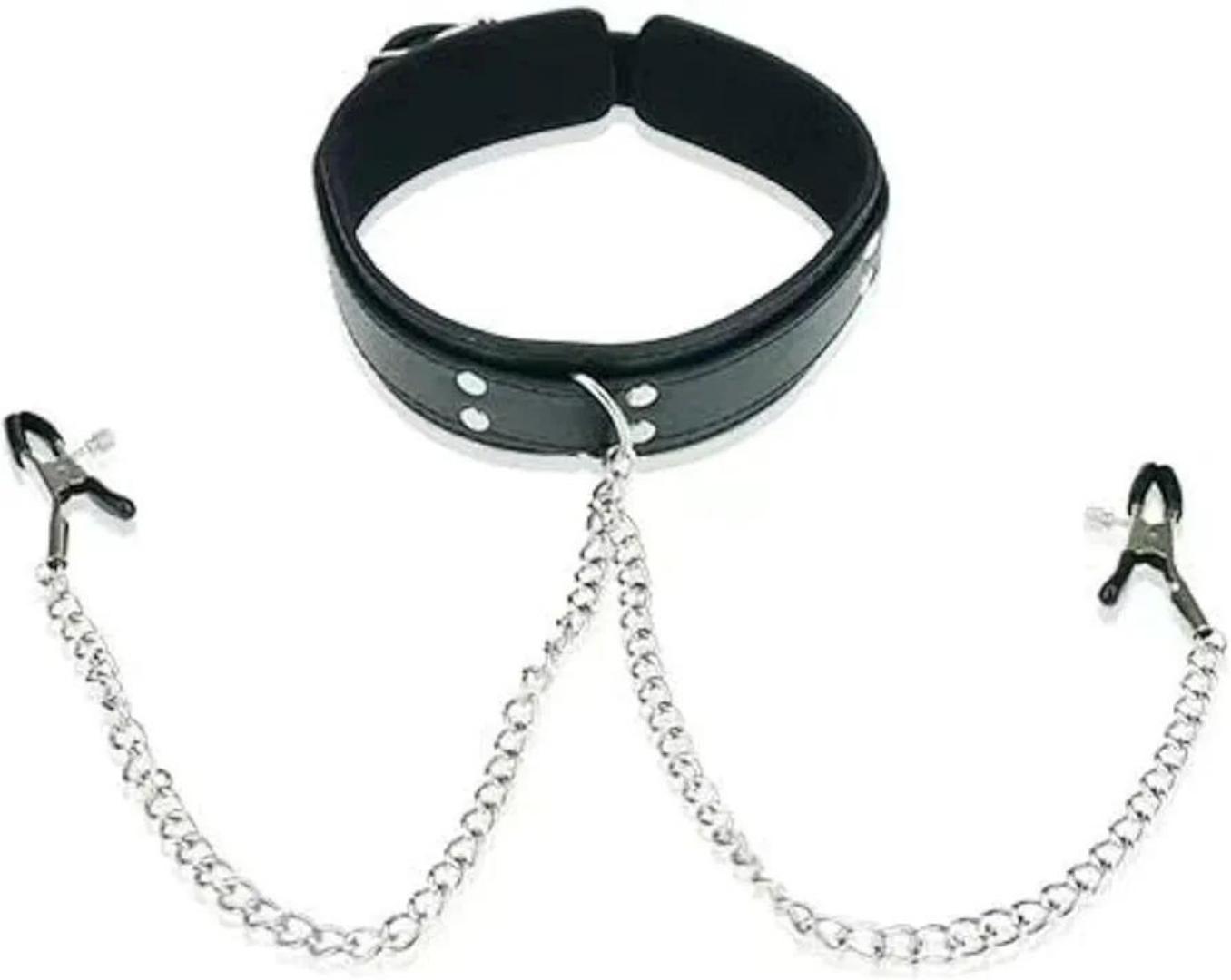 PU Leather Collar with Nipple Clamps SM Bondage Play Under The Bedroom Restraints Bondage Tool Non-Piercing Nipple Rings Sexy Body Chain Fake Nipple Jewelry