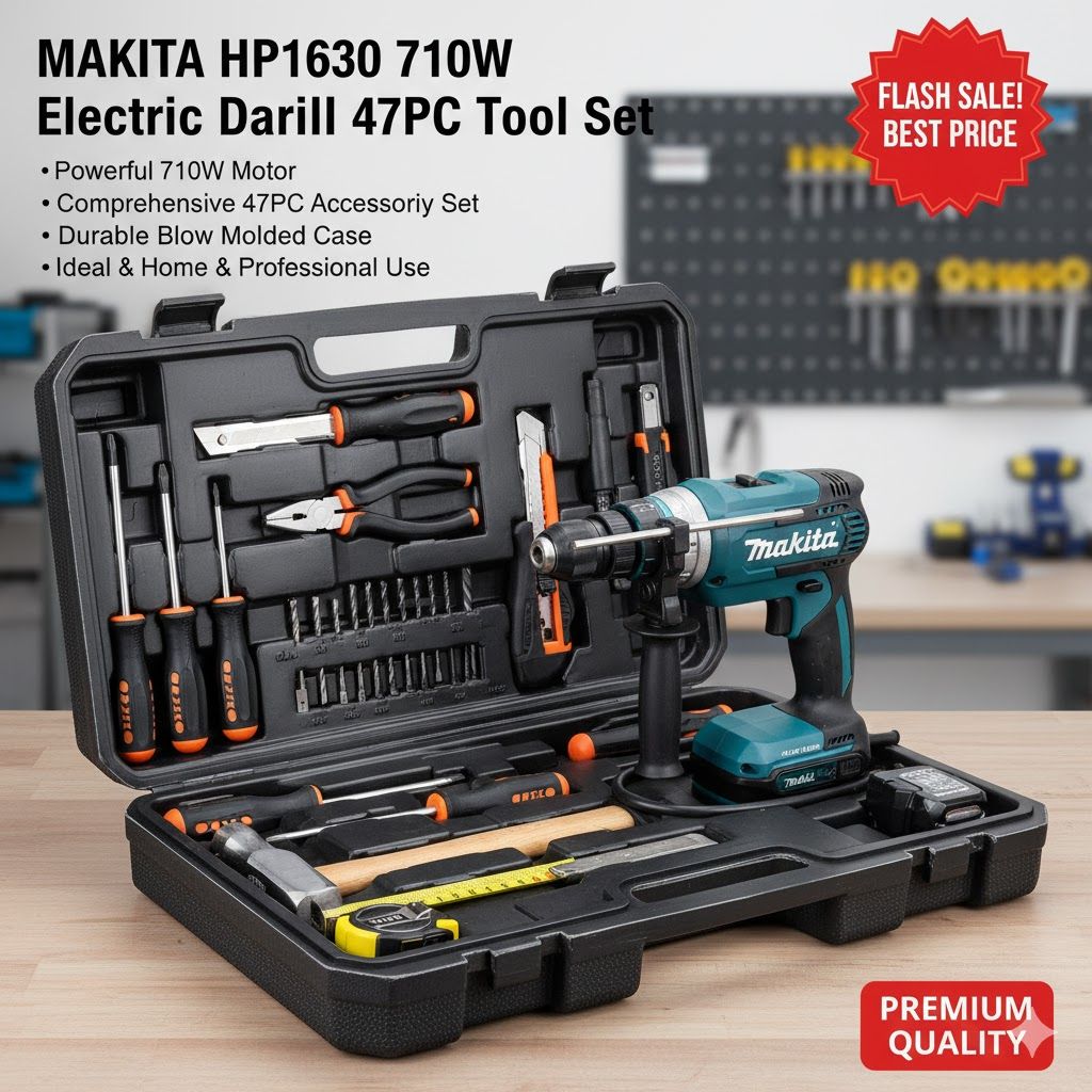 Makita HP1630 710W Electric Hammer Drill & 47-Piece Tool Kit | Includes Pliers, Voltage Tester, Drill Bits & Case