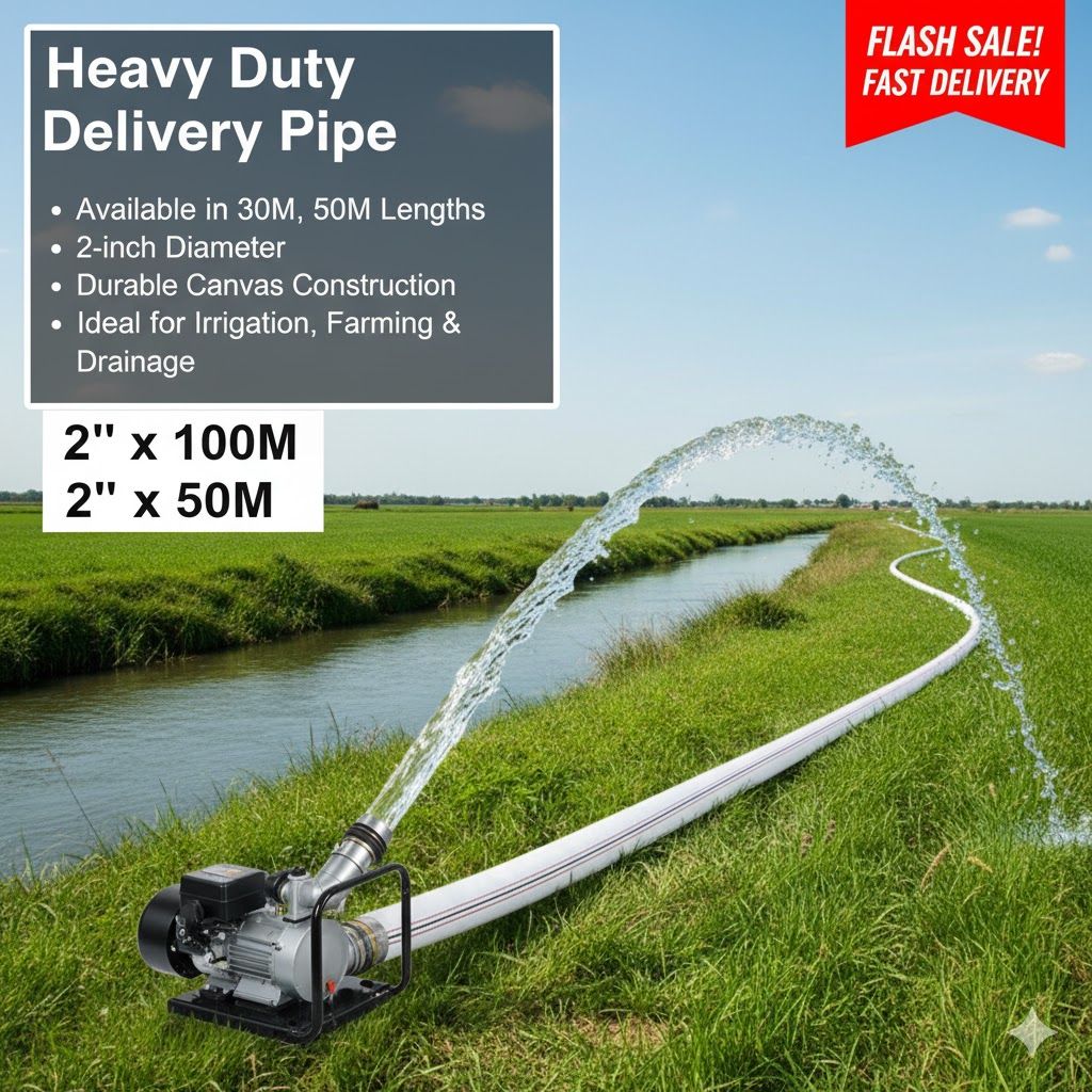 Water Hose Pipe 2 Inch Delivery Pipe 30m, 50m, 100m HDPE Laminated Woven Delivery Pipe for Industrial & Irrigation Pipe Use