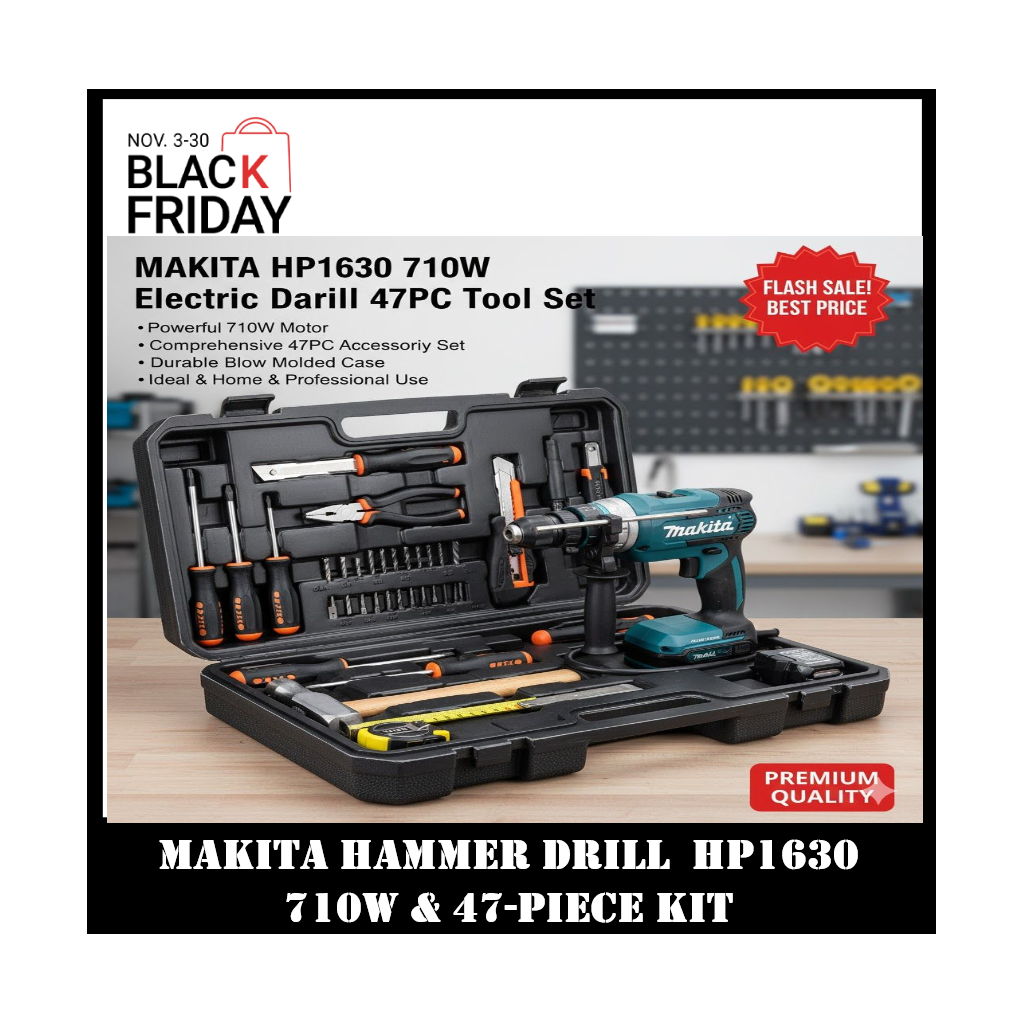 Makita Hammer Drill  HP1630 710W & 47-Piece Kit | Electric Drill for Concrete, Wood & Metal | Includes Bits, Pliers, Voltage Tester & Tool Case  For Drilling Concrete, Masonry, Wood & Metal | Includes