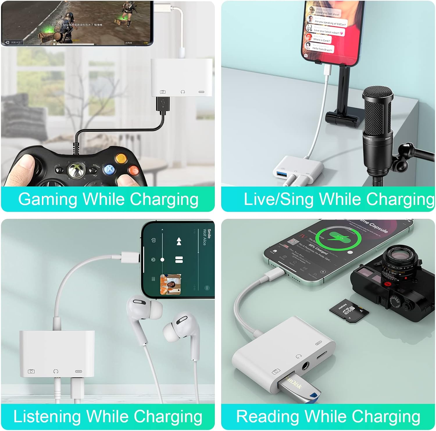 iPhone Headphone Adapter 3.5mm AUX Audio Jack Charger Dongle Earphone Splitter Compatible with Lightning Male to USB Female OTG Power Charging Camera MIDI Connector for ipad