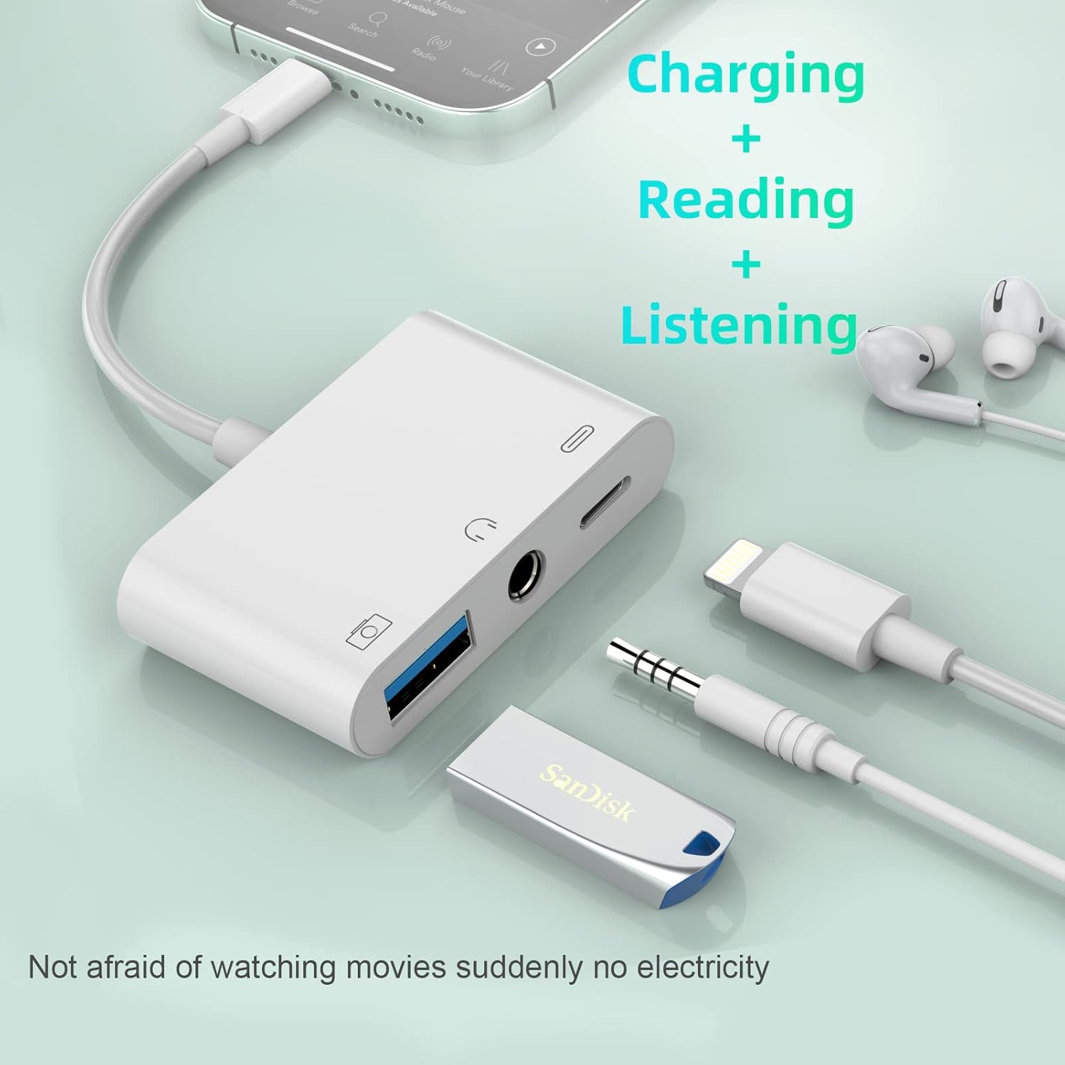 iPhone Headphone Adapter 3.5mm AUX Audio Jack Charger Dongle Earphone Splitter Compatible with Lightning Male to USB Female OTG Power Charging Camera MIDI Connector for ipad