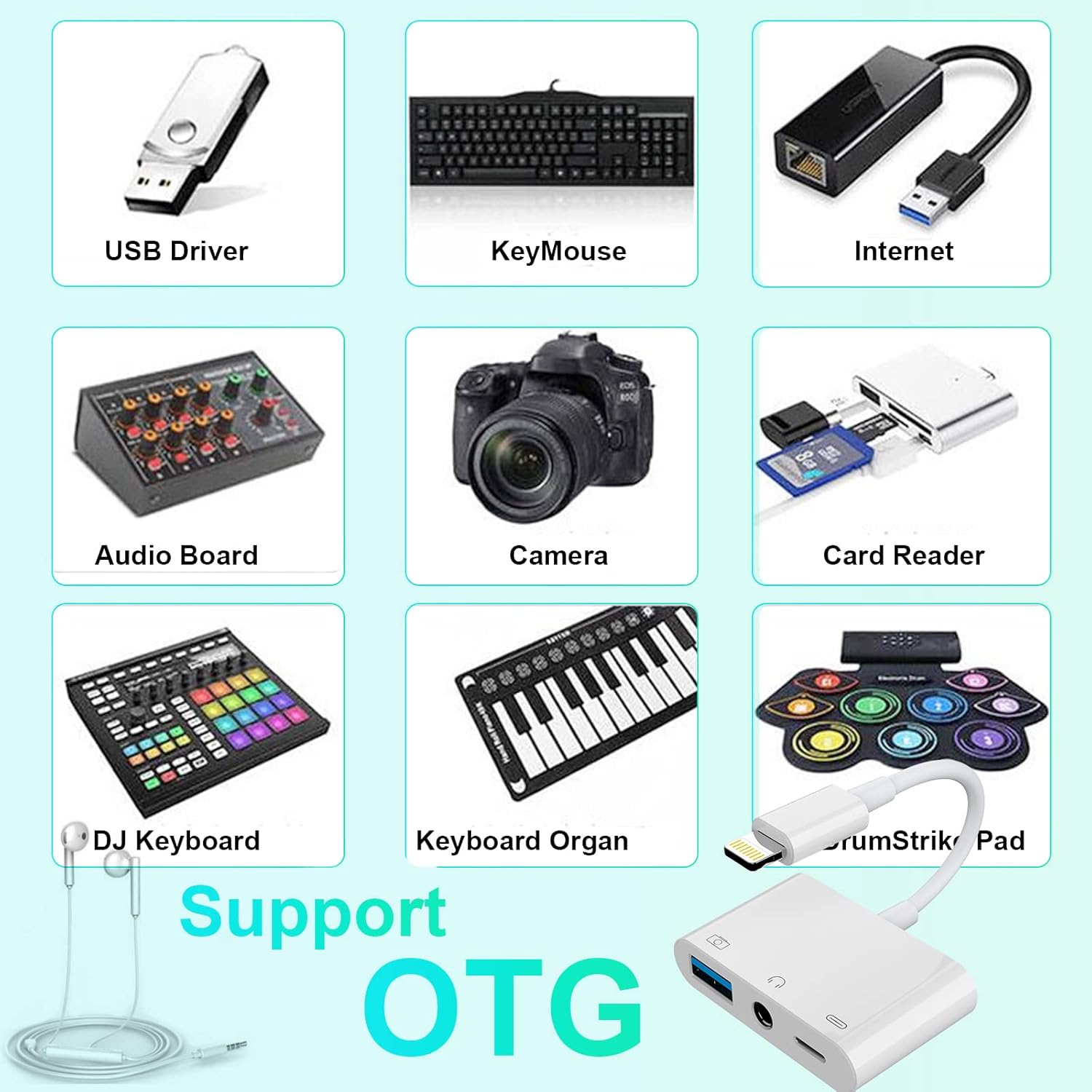 iPhone Headphone Adapter 3.5mm AUX Audio Jack Charger Dongle Earphone Splitter Compatible with Lightning Male to USB Female OTG Power Charging Camera MIDI Connector for ipad