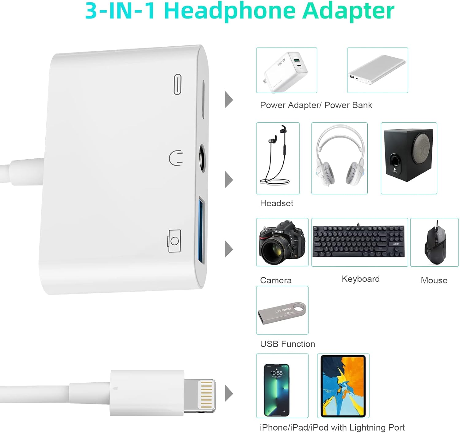 iPhone Headphone Adapter 3.5mm AUX Audio Jack Charger Dongle Earphone Splitter Compatible with Lightning Male to USB Female OTG Power Charging Camera MIDI Connector for ipad