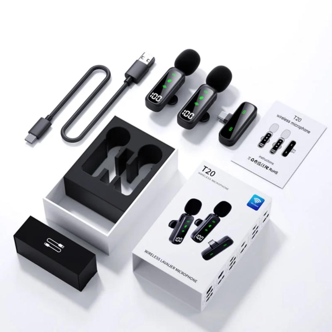 T20 Wireless dual Lavalier Microphone for iPhone/Android/PC, Mini Microphone with Noise Reduction, battery indicator, Compatible for Video Recording, Vlog, Interviews, YouTube, Tiktok