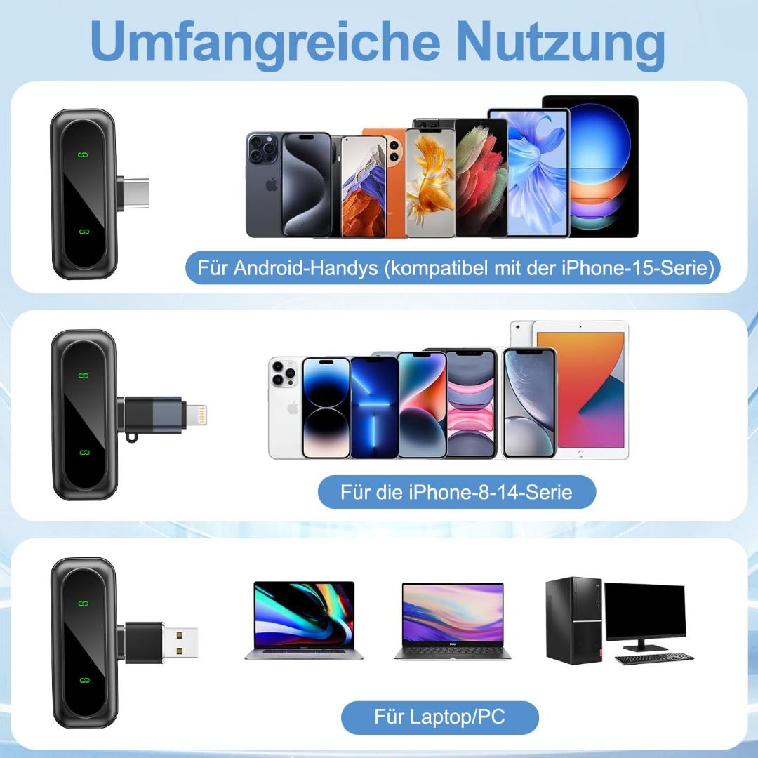 T20 Wireless dual Lavalier Microphone for iPhone/Android/PC, Mini Microphone with Noise Reduction, battery indicator, Compatible for Video Recording, Vlog, Interviews, YouTube, Tiktok