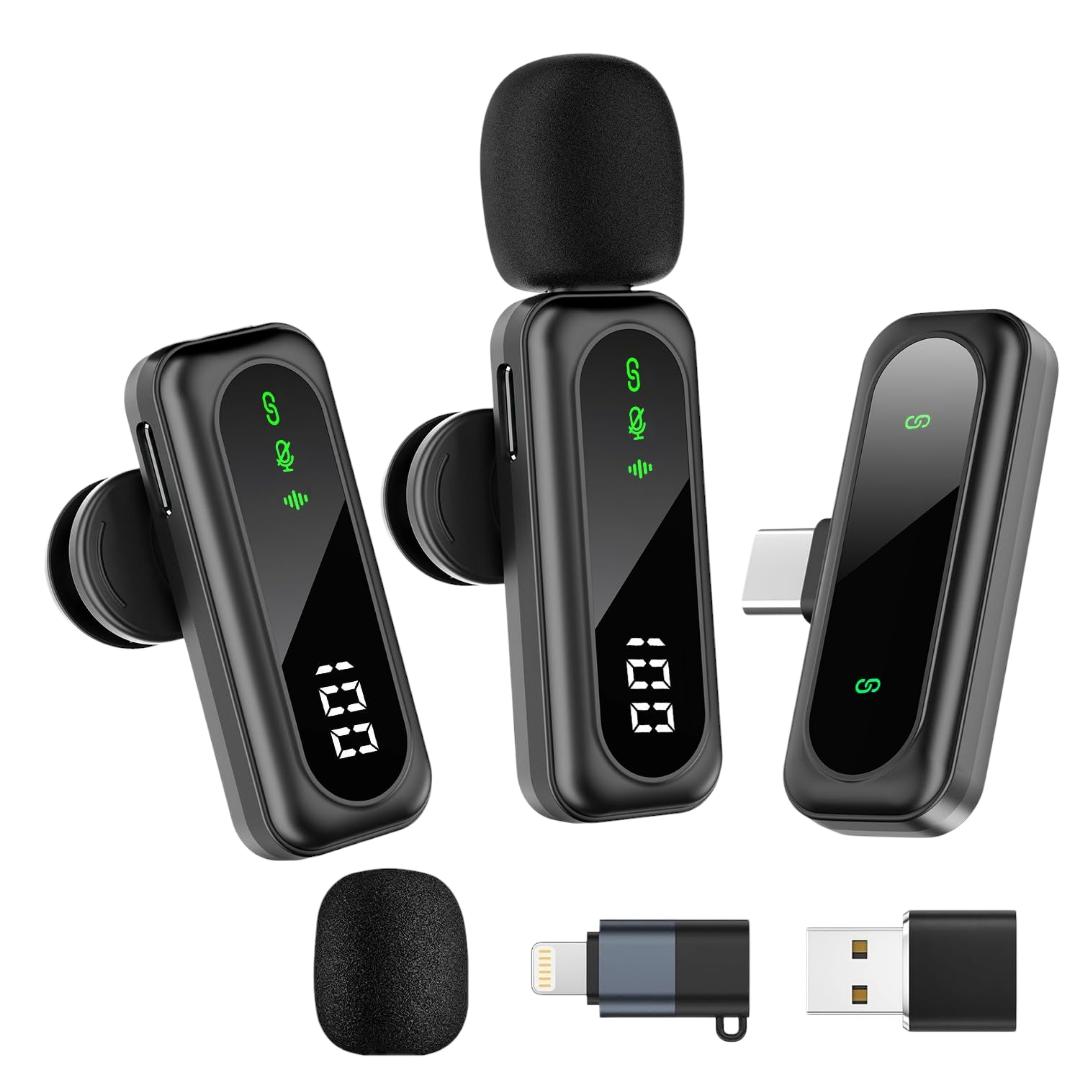 T20 Wireless dual Lavalier Microphone for iPhone/Android/PC, Mini Microphone with Noise Reduction, battery indicator, Compatible for Video Recording, Vlog, Interviews, YouTube, Tiktok