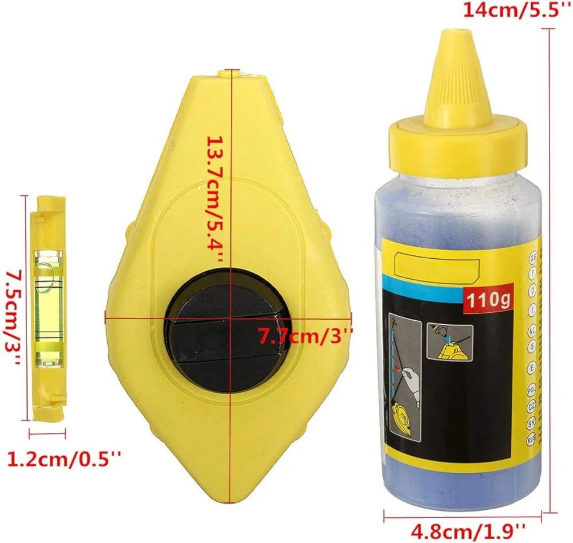 Industrial Chalk Line Reel Set 30Metre with 113g Blue Bottle Chalk & Plastic Spirit Bubble