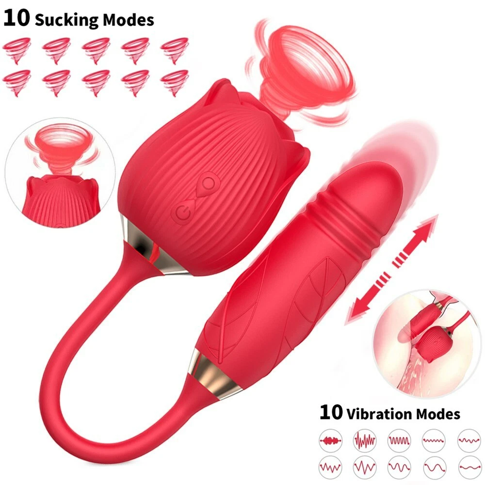 Rose dual sucking and thrusting Adult Tool Stimulator for Women, Quiet 10 Speed Adult Toys Waterproof Automatic Electric Adult Toys Machine Pleasure Rose sucker sex toy vibrator for Women - Red