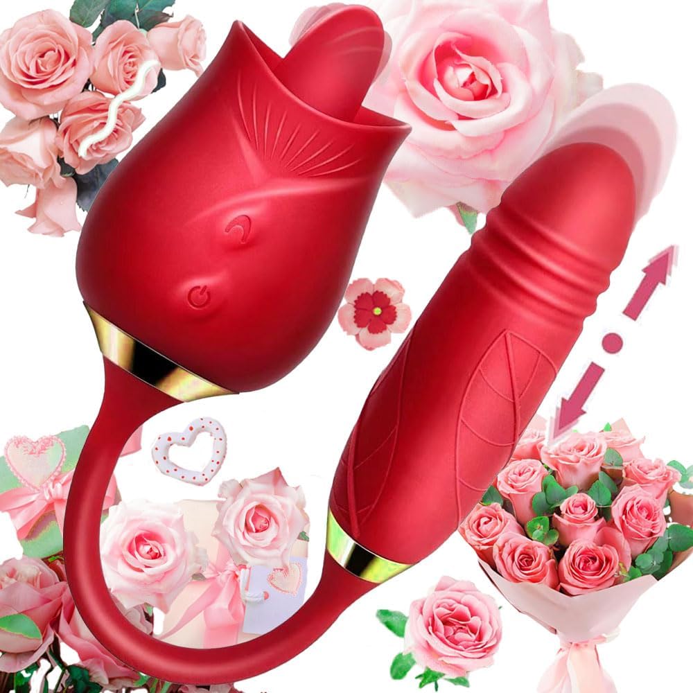 Rose dual licking and thrusting Adult Tool Stimulator for Women, Quiet 10 Speed Adult Toys Waterproof Automatic Electric Adult Toys Machine Pleasure Rose licker sex toy vibrator for Women - Red