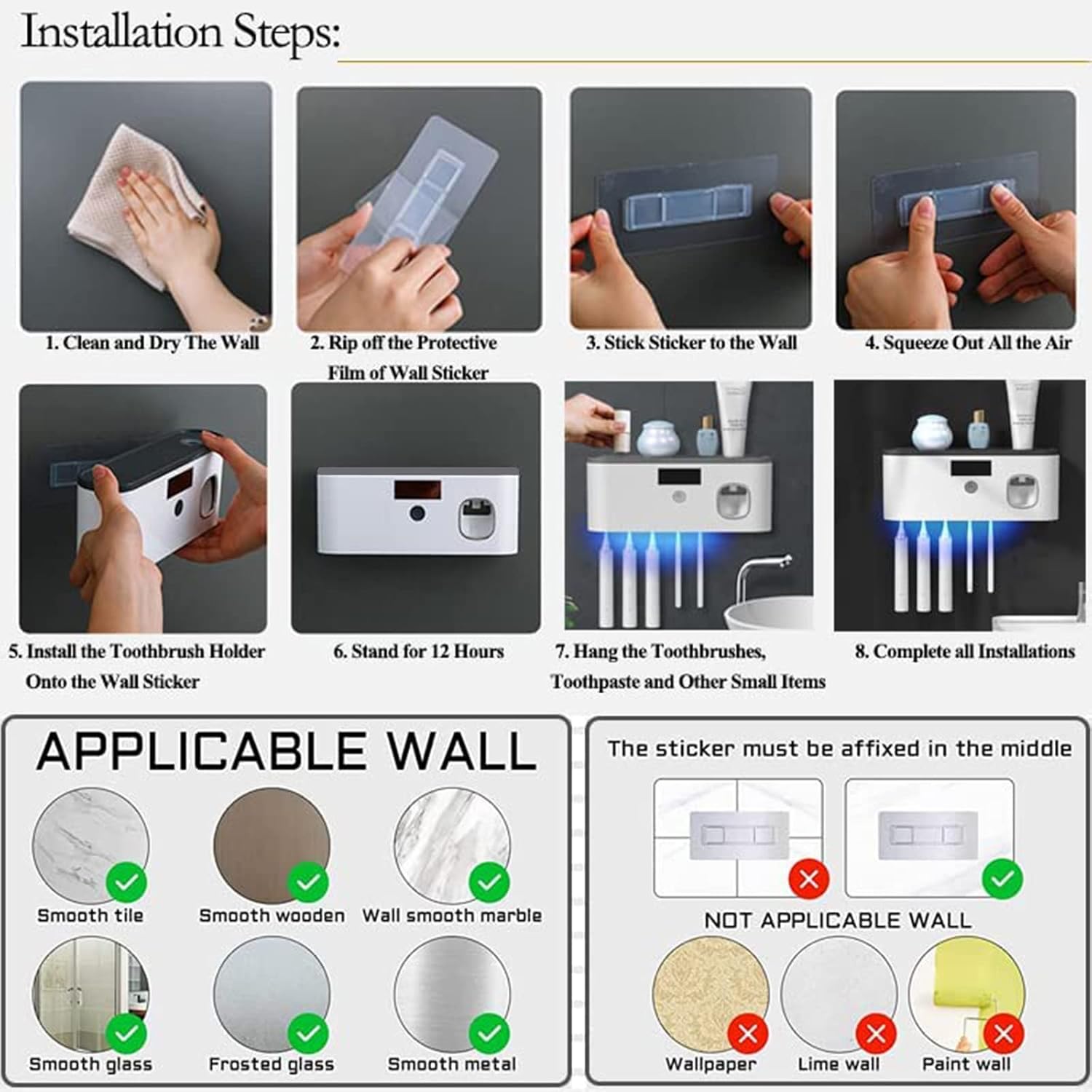 Wall Mounted Toothbrush Holder with Toothpaste Dispenser, Electric Toothbrush Holder for Bathroom, Solar Charging and no Drilling Required Smart Clean Toothbrush Organizer with 5 Brush Slots