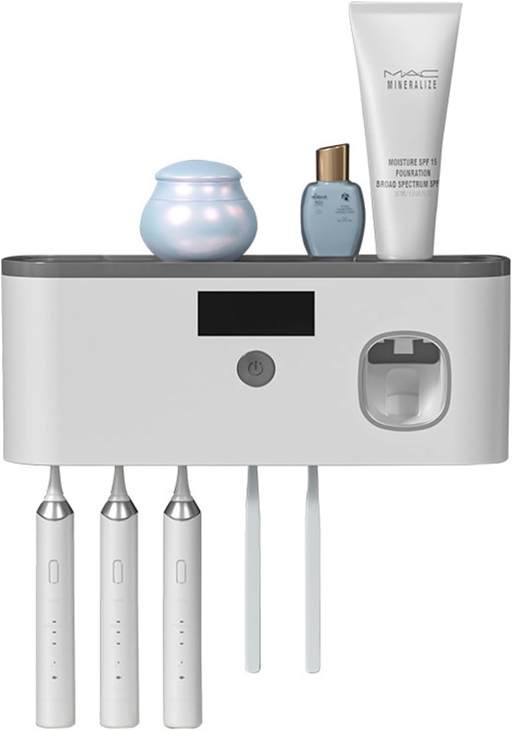 Wall Mounted Toothbrush Holder with Toothpaste Dispenser, Electric Toothbrush Holder for Bathroom, Solar Charging and no Drilling Required Smart Clean Toothbrush Organizer with 5 Brush Slots