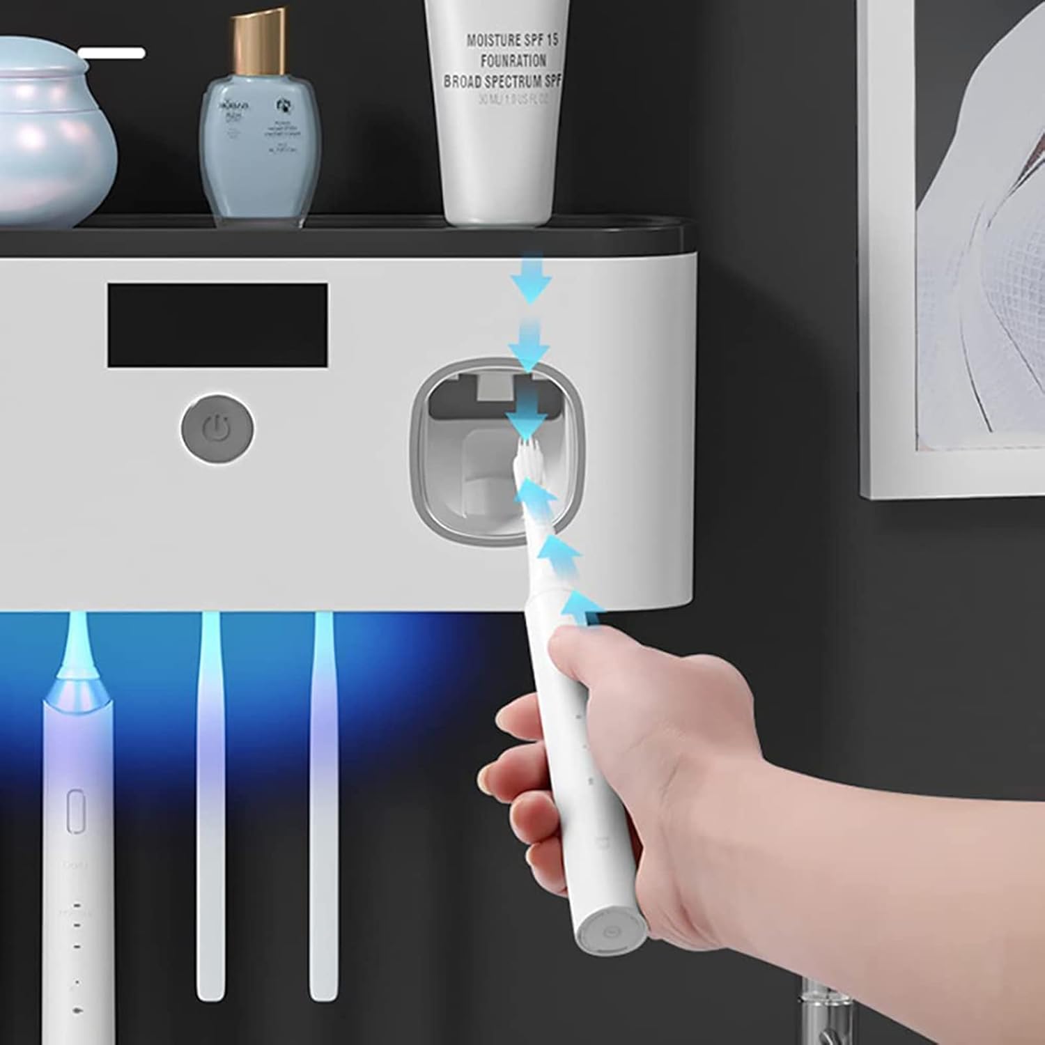 Wall Mounted Toothbrush Holder with Toothpaste Dispenser, Electric Toothbrush Holder for Bathroom, Solar Charging and no Drilling Required Smart Clean Toothbrush Organizer with 5 Brush Slots