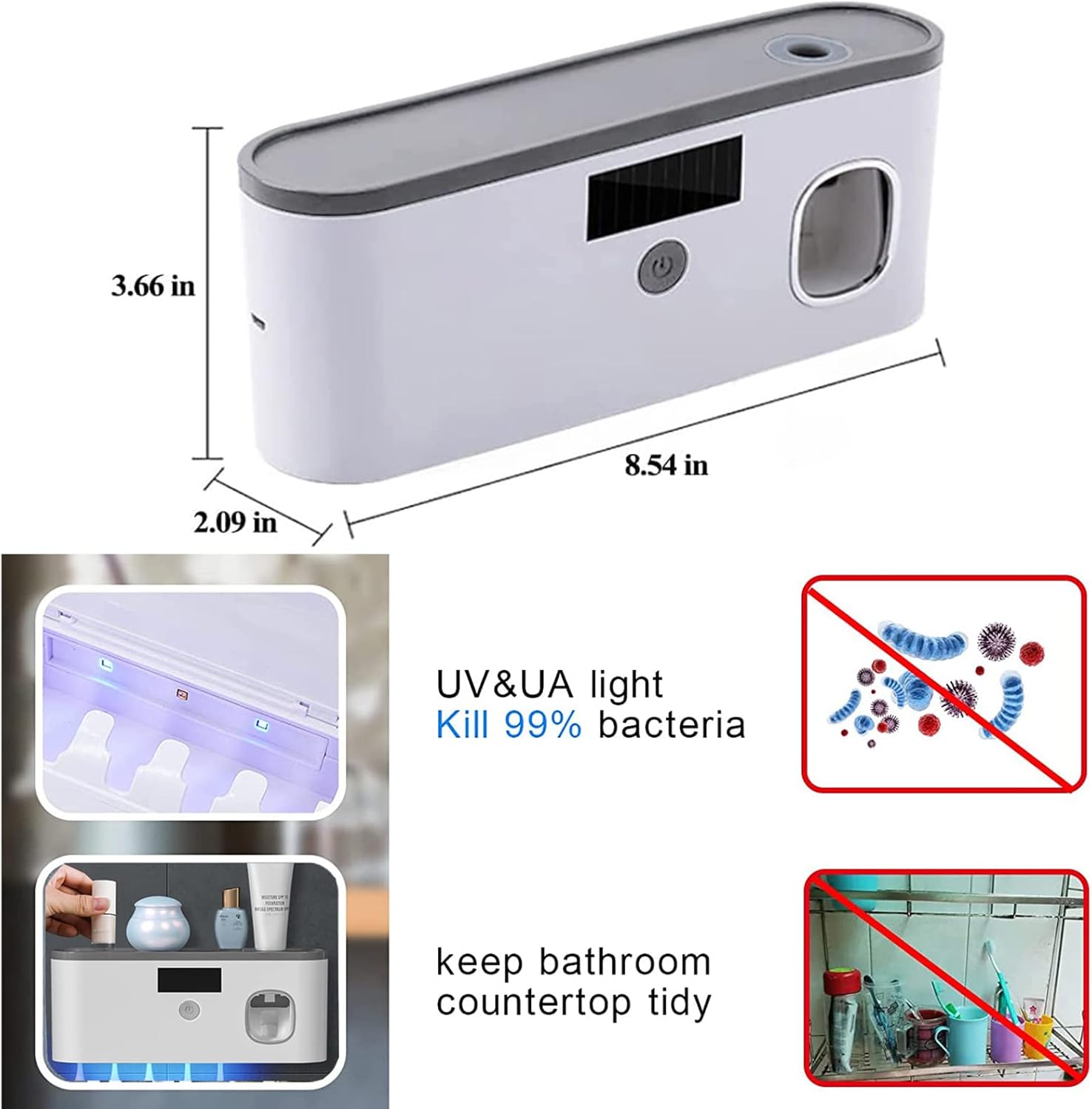 Wall Mounted Toothbrush Holder with Toothpaste Dispenser, Electric Toothbrush Holder for Bathroom, Solar Charging and no Drilling Required Smart Clean Toothbrush Organizer with 5 Brush Slots